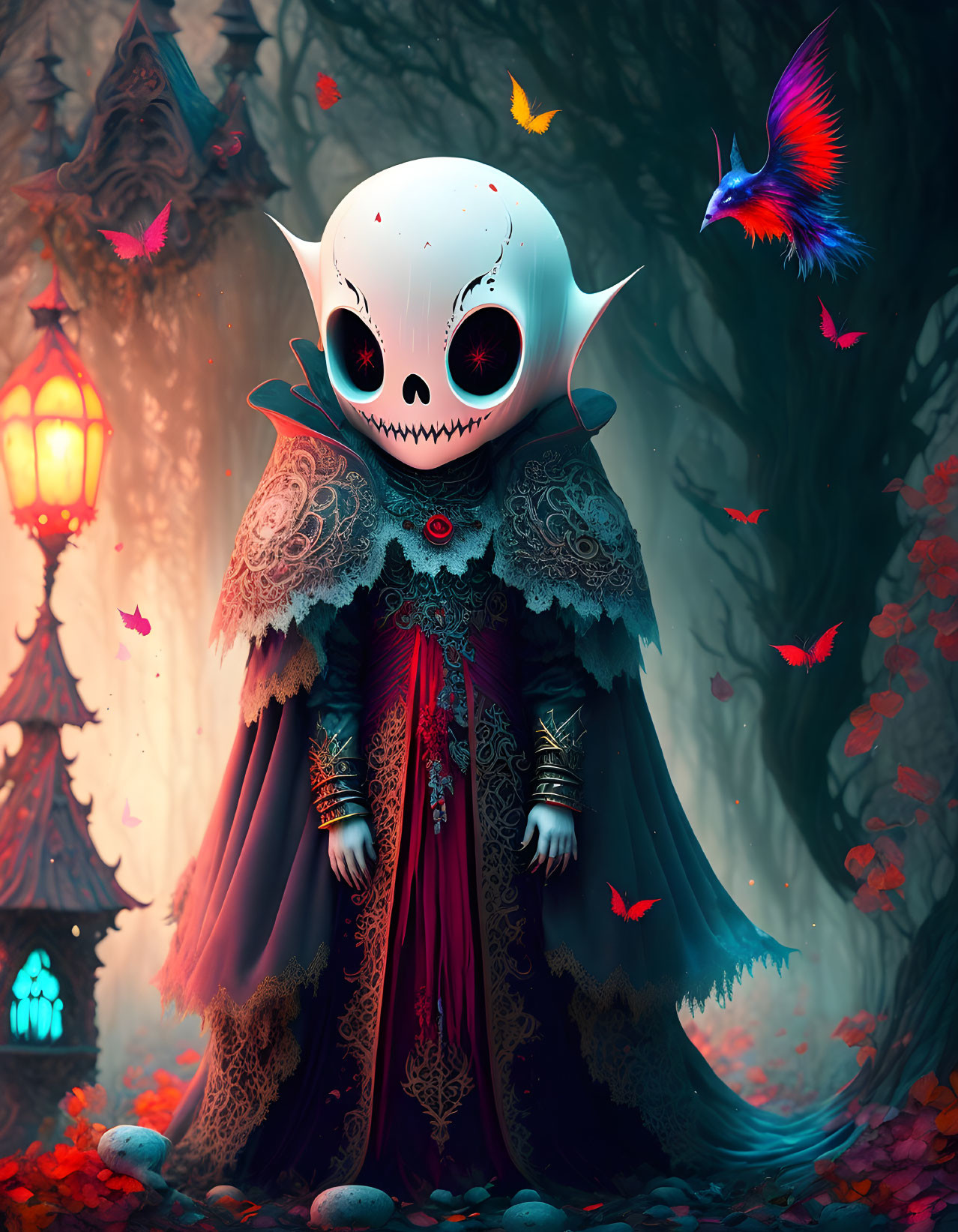 Skull-faced character in mystical forest with red butterflies and lantern