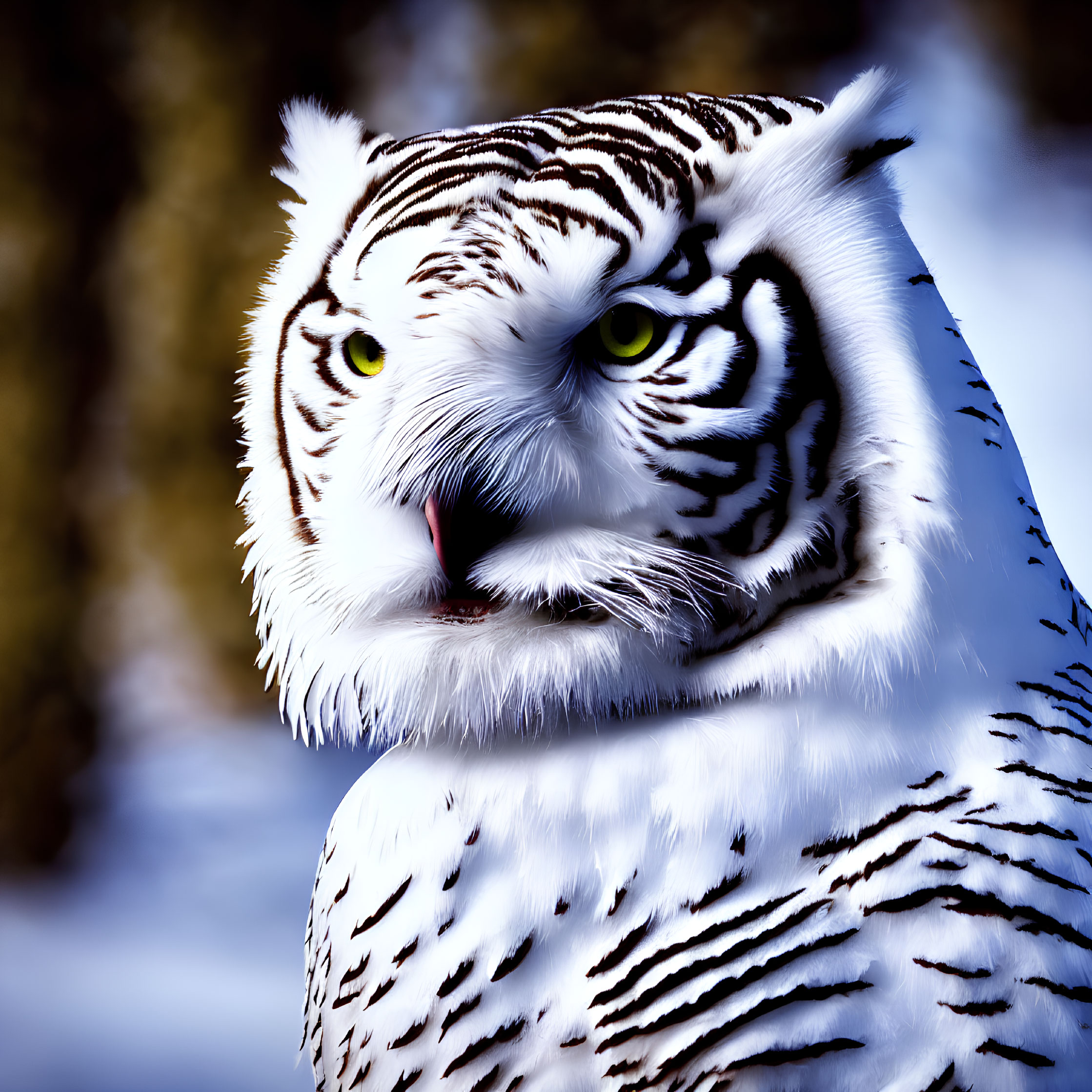 White Tiger with Black Stripes and Green Eyes in Forest Setting