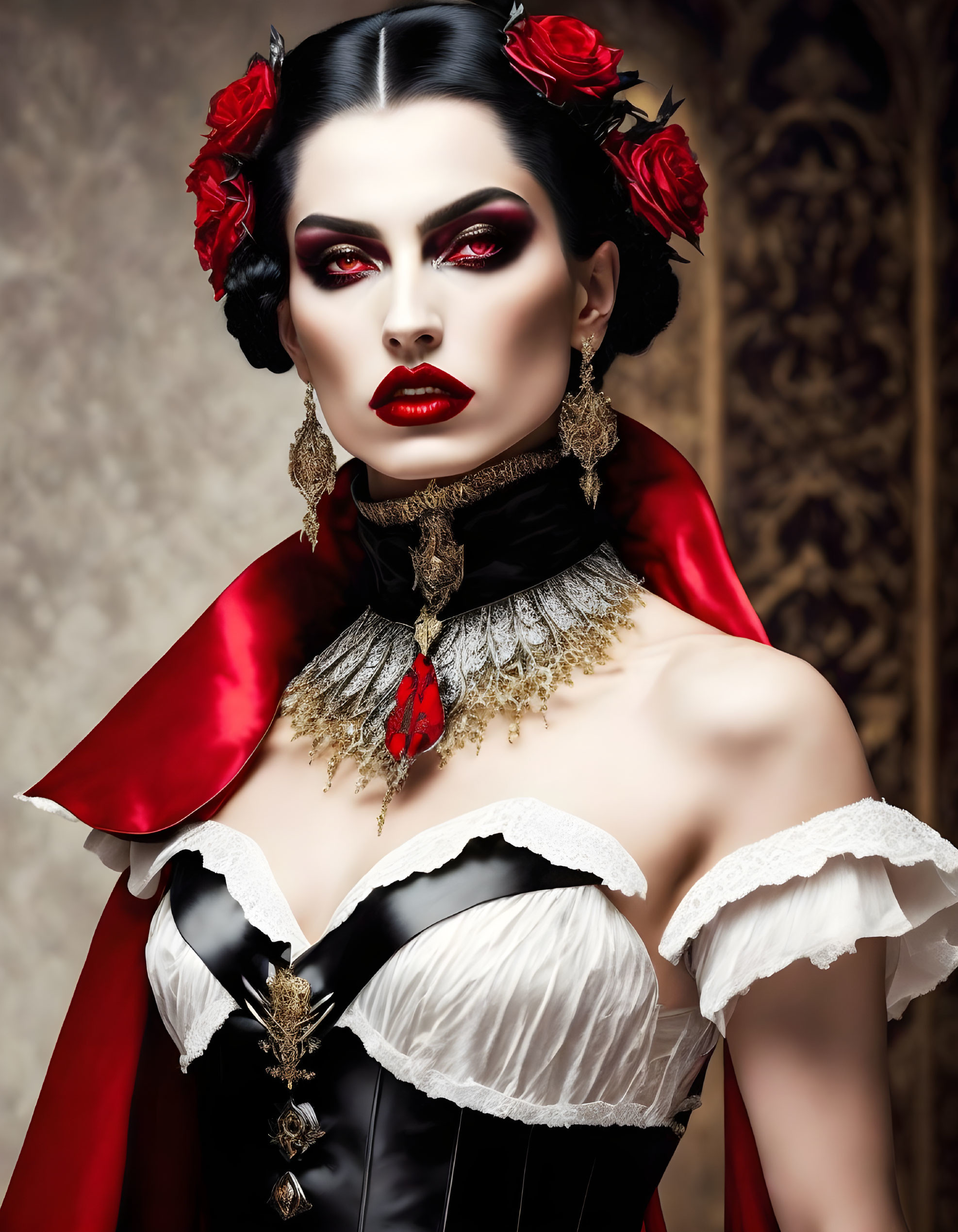 Woman in gothic vampire costume with red roses, dramatic makeup, and ornate choker on vintage