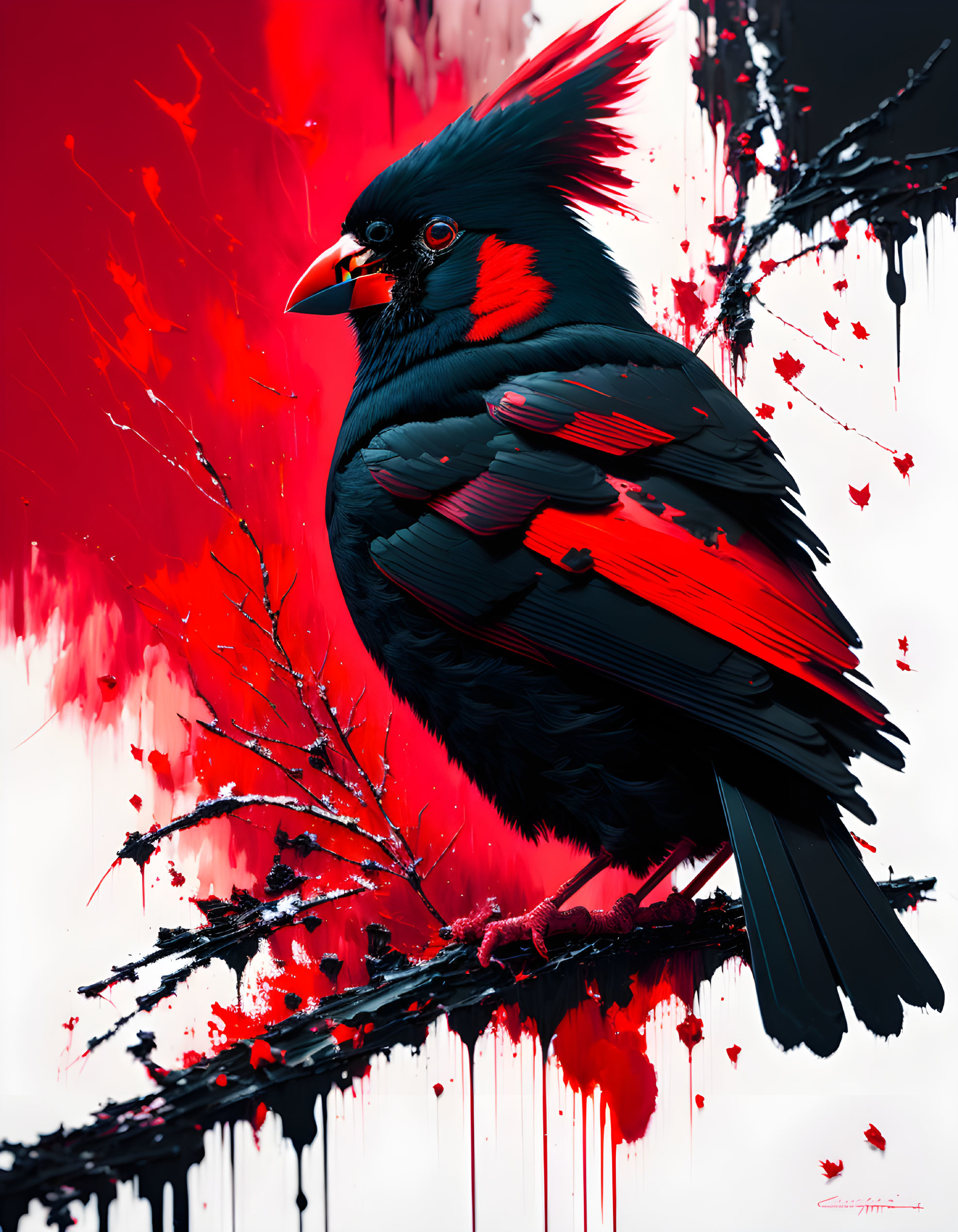 Vibrant black and red bird on branch with dynamic red paint splashes