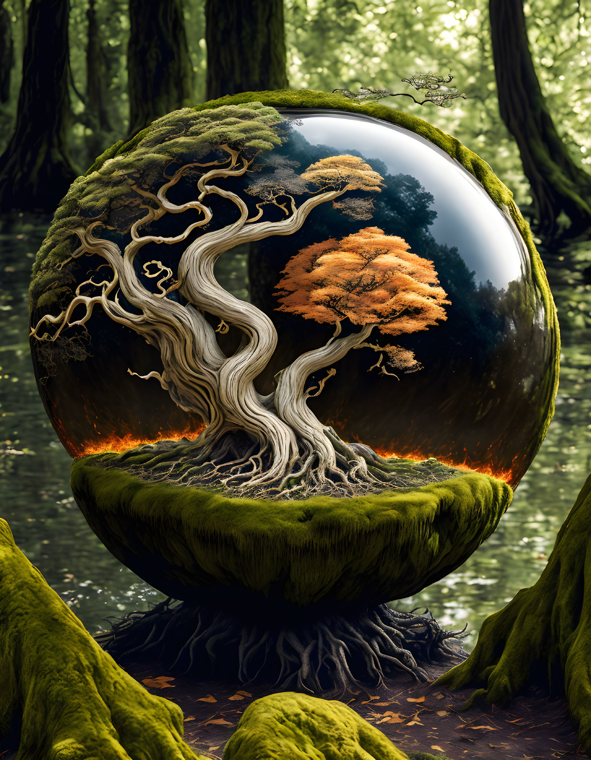 Reflective sphere in mystical forest with bifurcated tree and contrasting foliage