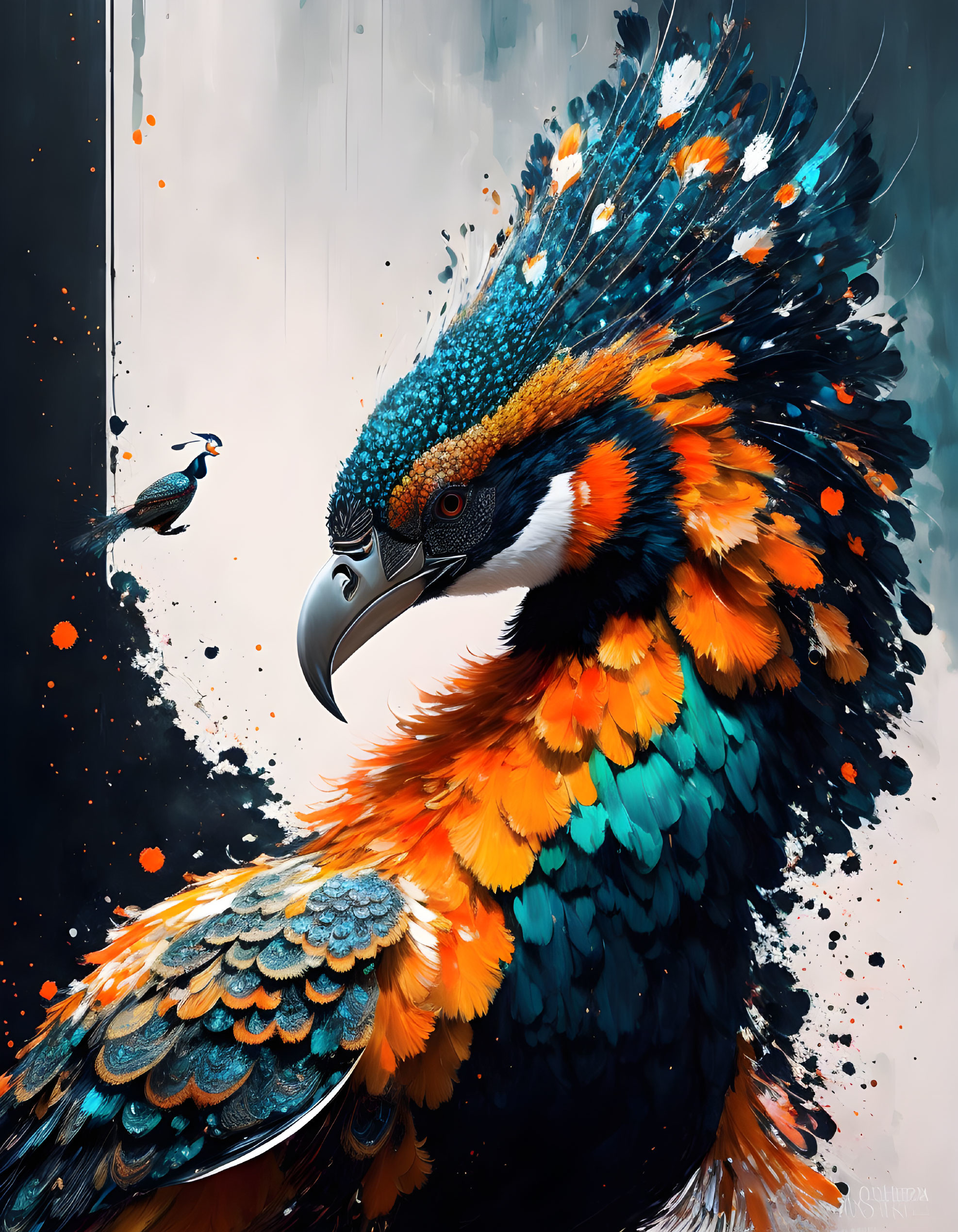 Colorful Bird Artwork with Explosive Feathers on Dark Background