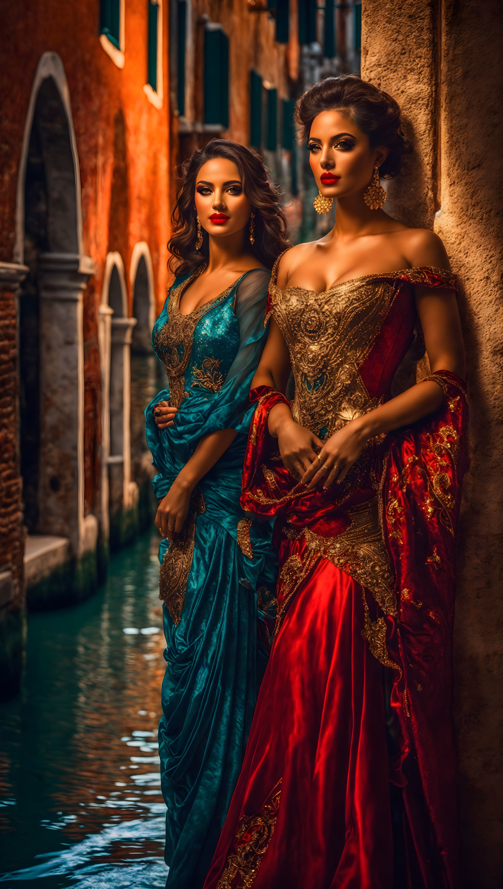 Two women in traditional gowns by Venetian canal with rich colors