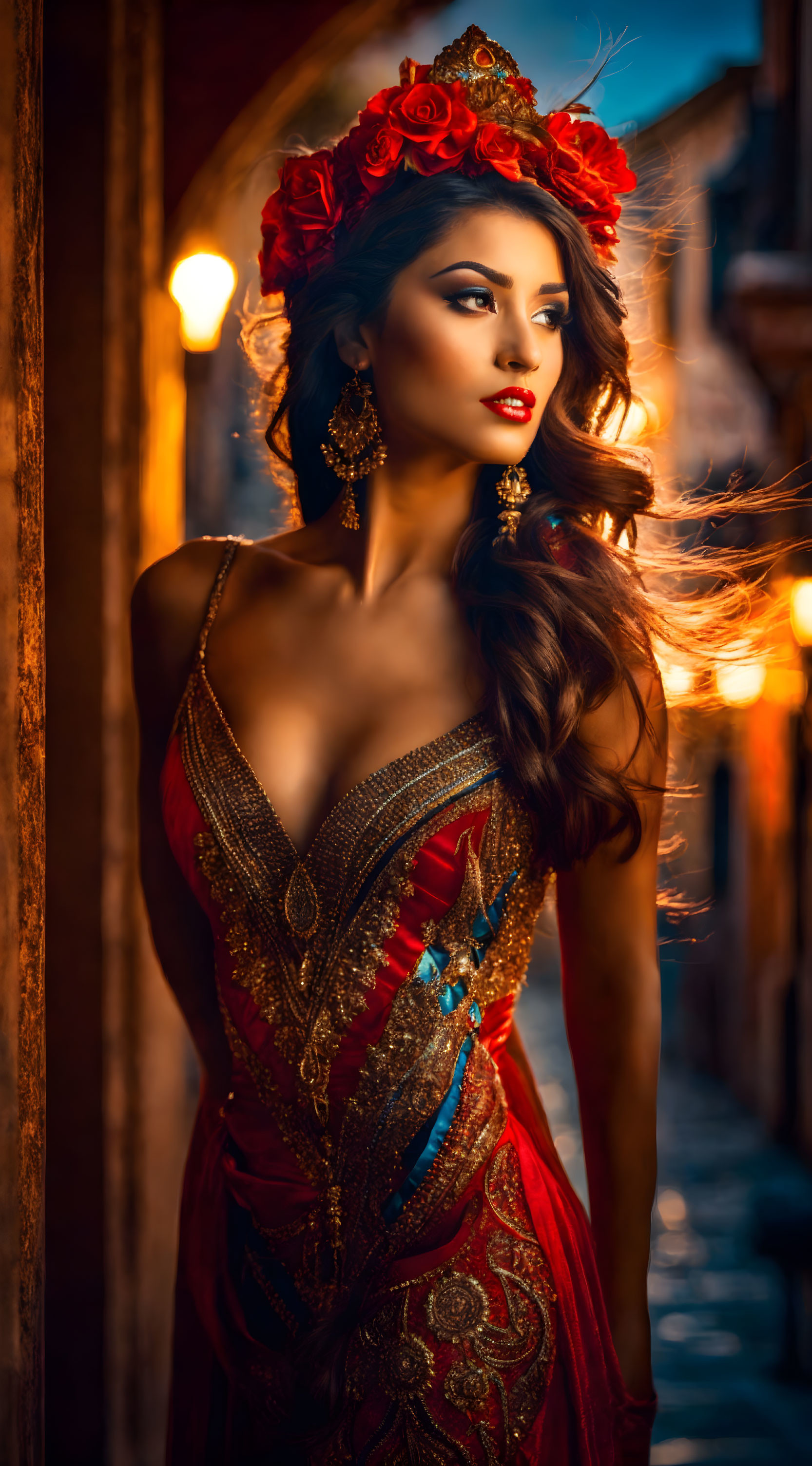 Woman in floral headdress and red gold dress in golden-lit alleyway