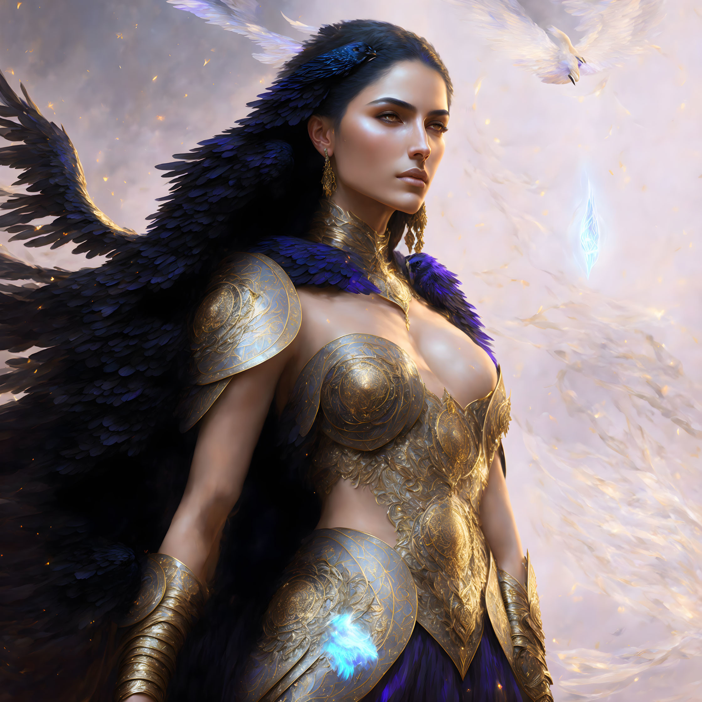 Fantasy warrior woman with golden armor and raven wings in magical setting