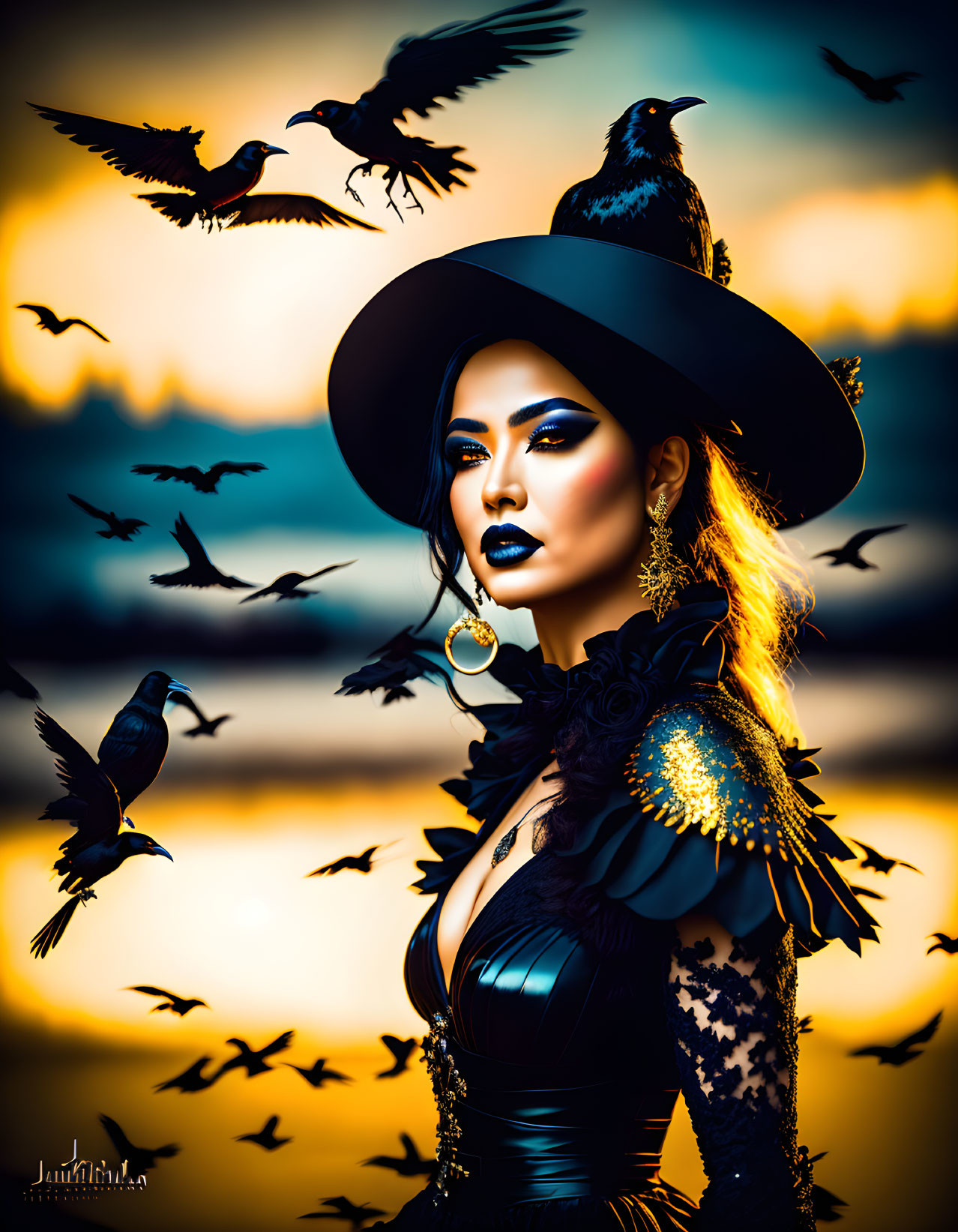 Stylized portrait of woman in black outfit with crows against sunset sky