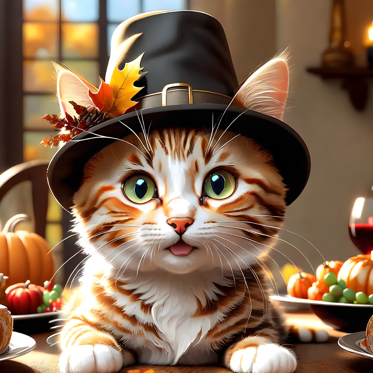 Illustration of orange tabby cat in pilgrim hat at autumn table