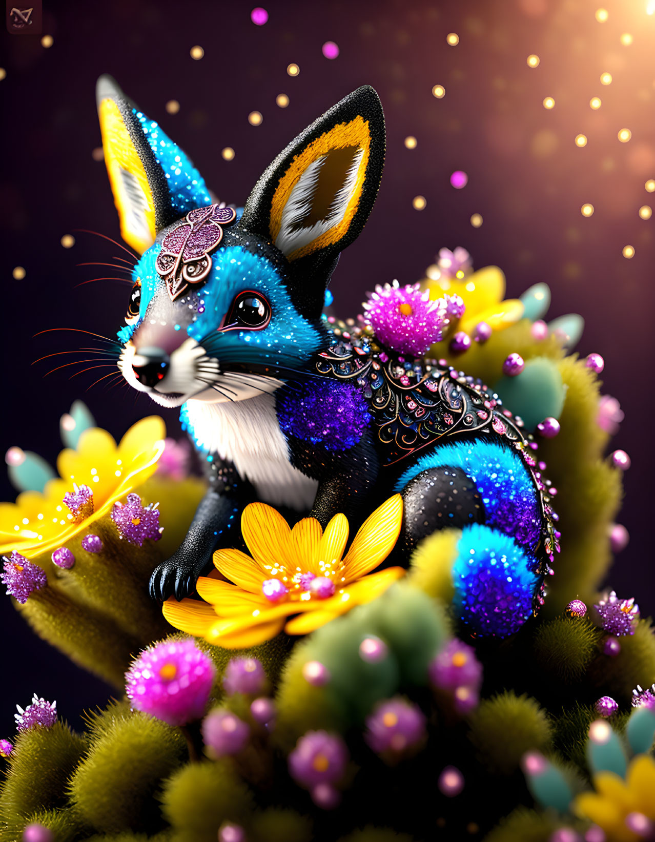 Colorful fox-like creature with intricate patterns and jewels in a magical garden