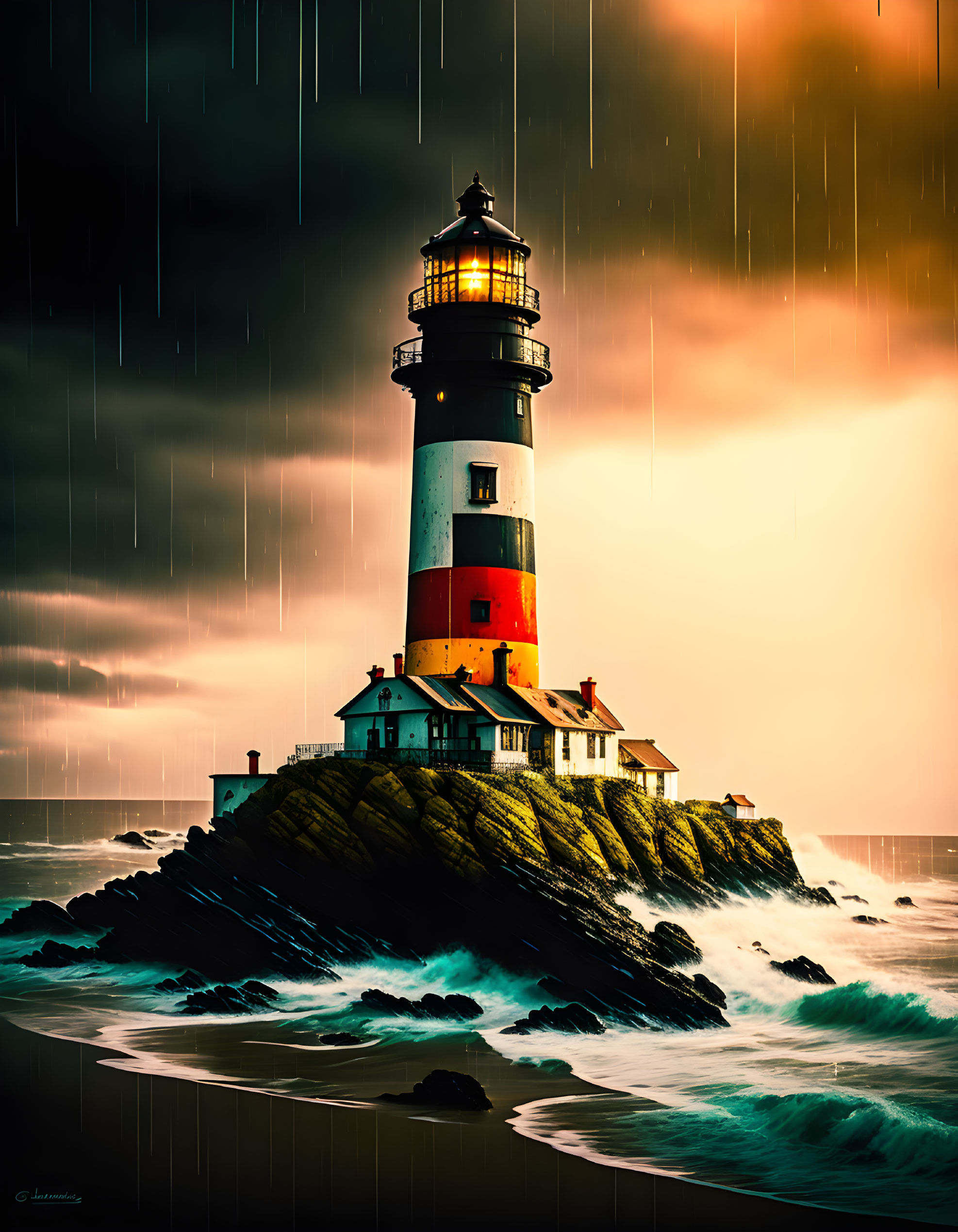 Dramatic striped lighthouse on rocky outcrop in stormy weather