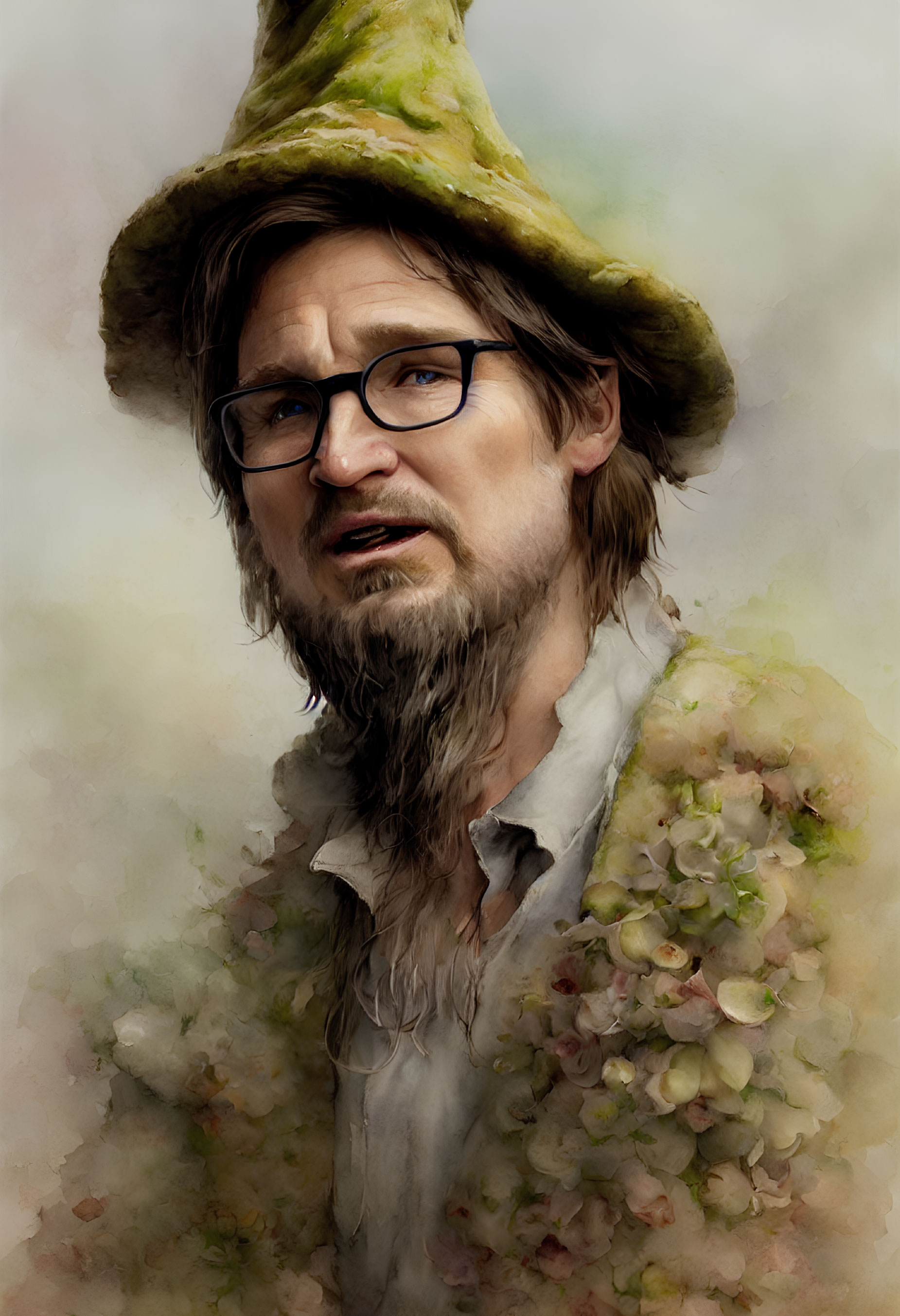 Man in Glasses with Mossy Hat and Flower Coat in Soft Focus Painting