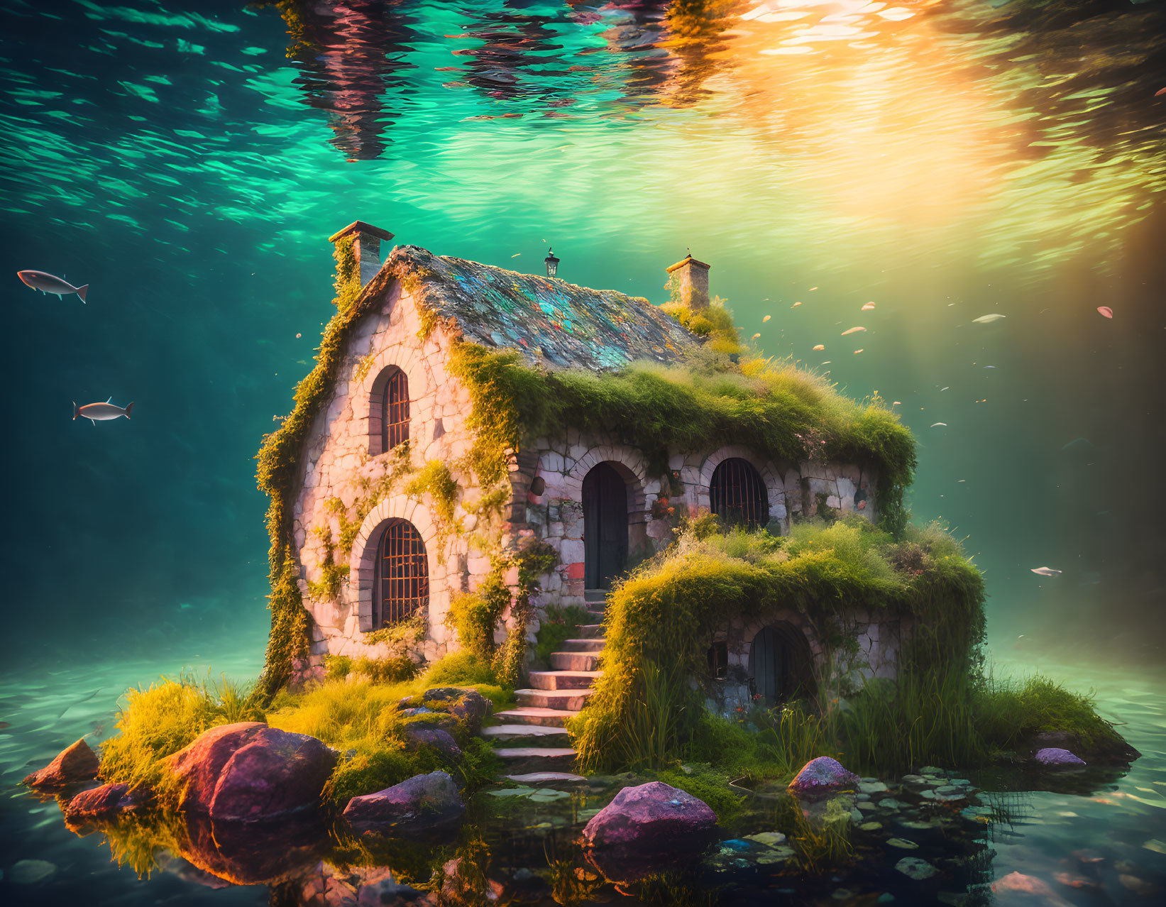 Submerged House with Moss-Covered Walls in Sunlit Water