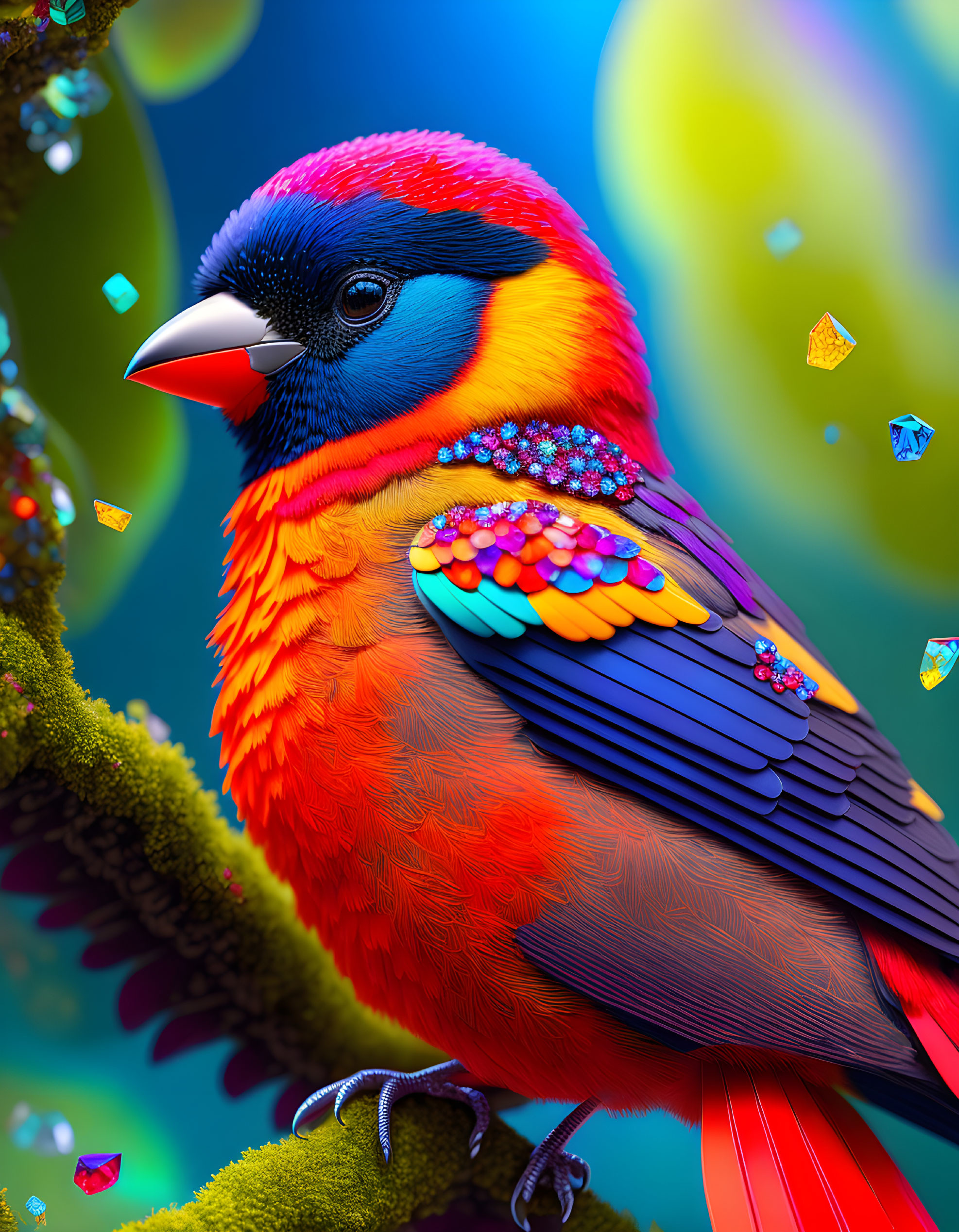 Colorful bird digital illustration with red chest, blue head, and jewel-like wings