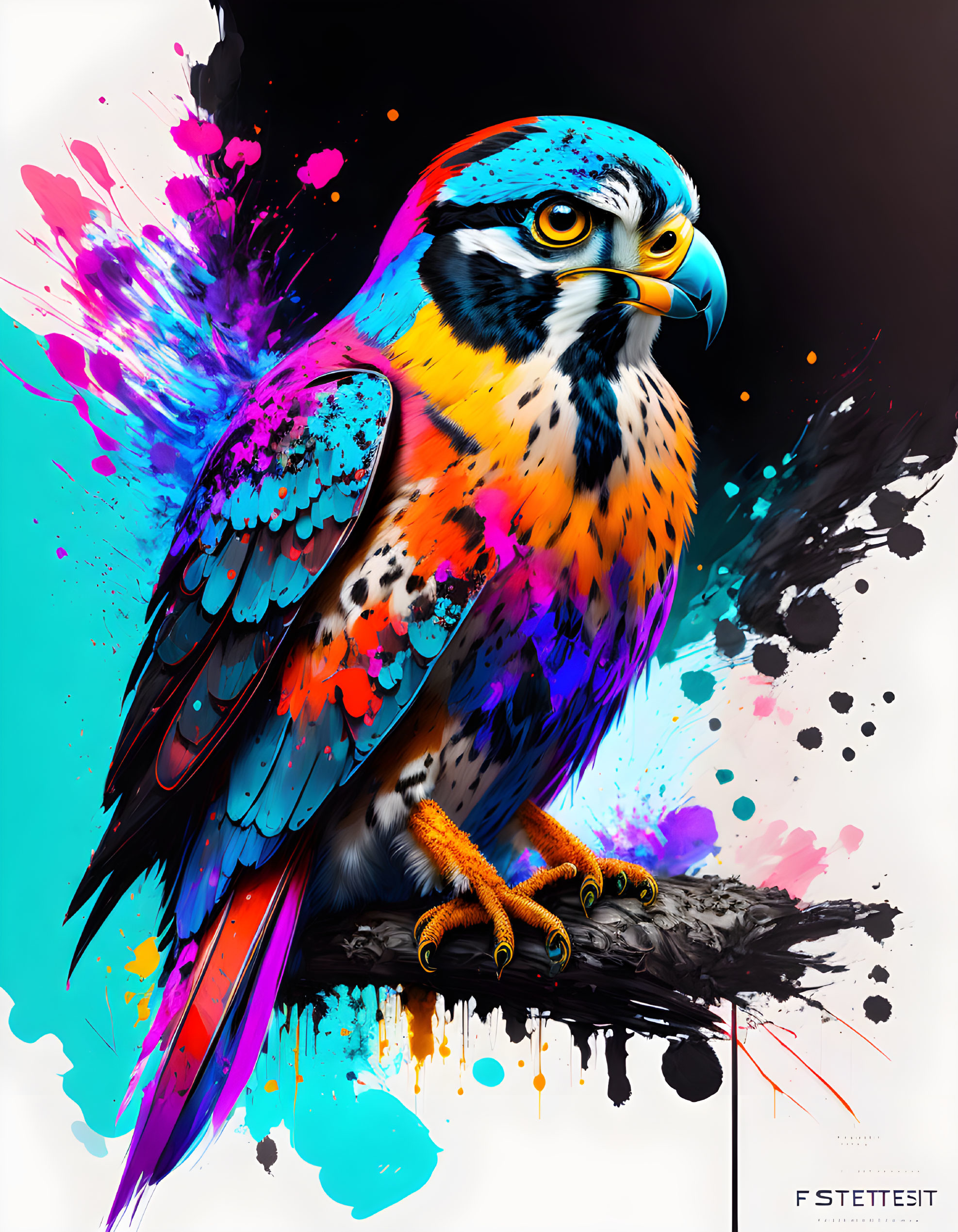 Colorful Hawk Artwork with Paint Splatter Effects on Black Background