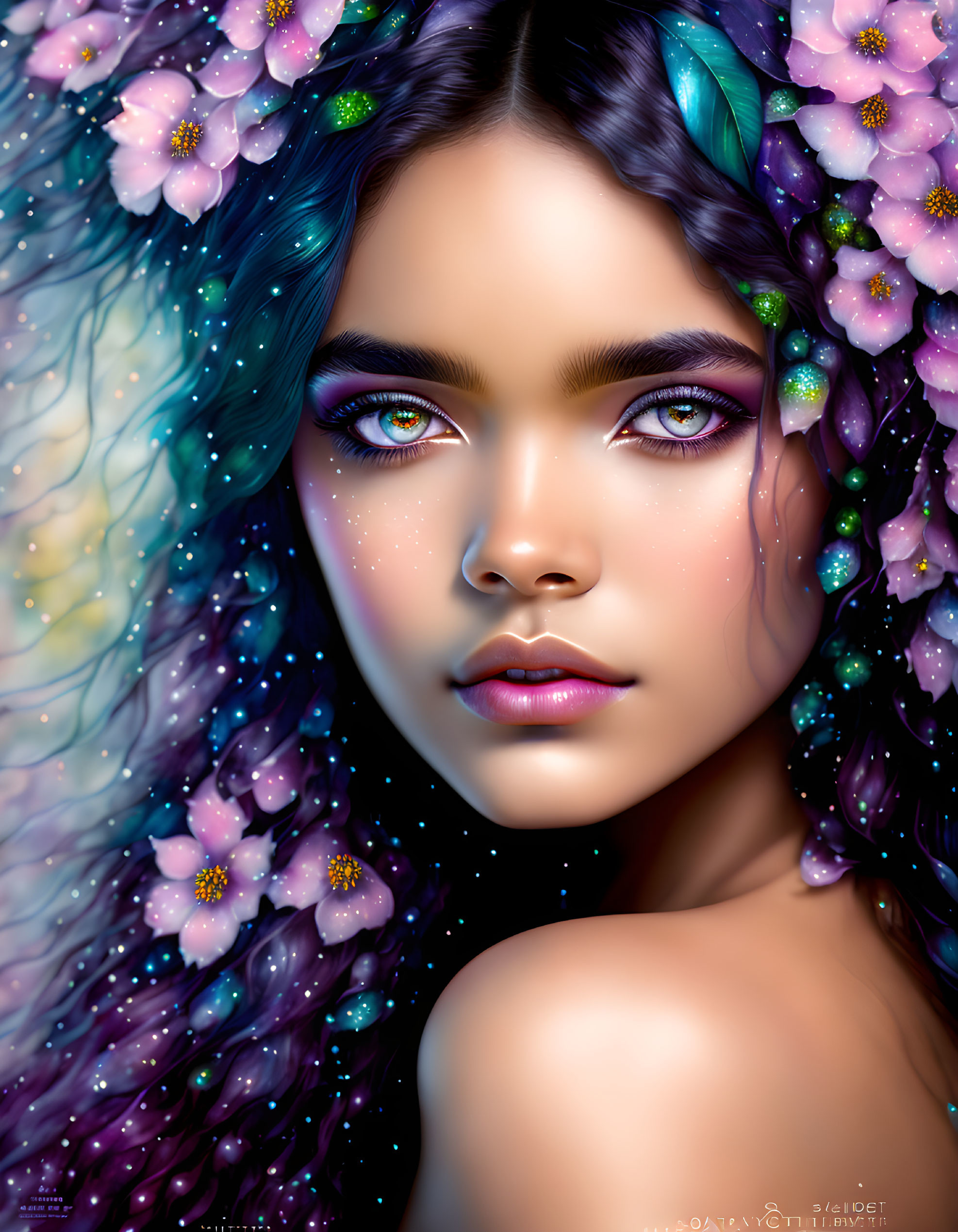 Digital portrait of woman with intense eyes in cosmic-themed setting