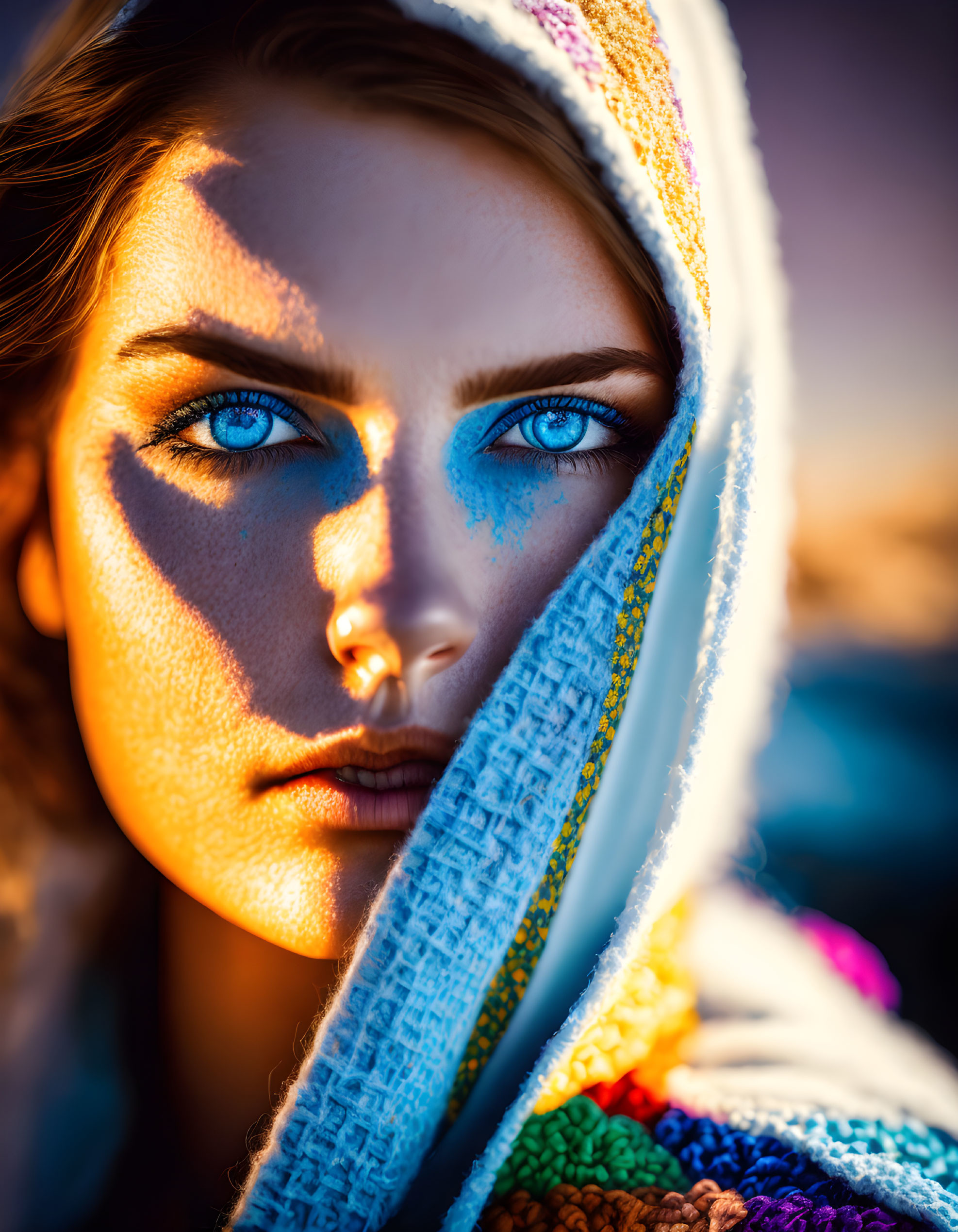 Close-up portrait of woman with striking blue eyes and colorful woven hood under warm sunlight