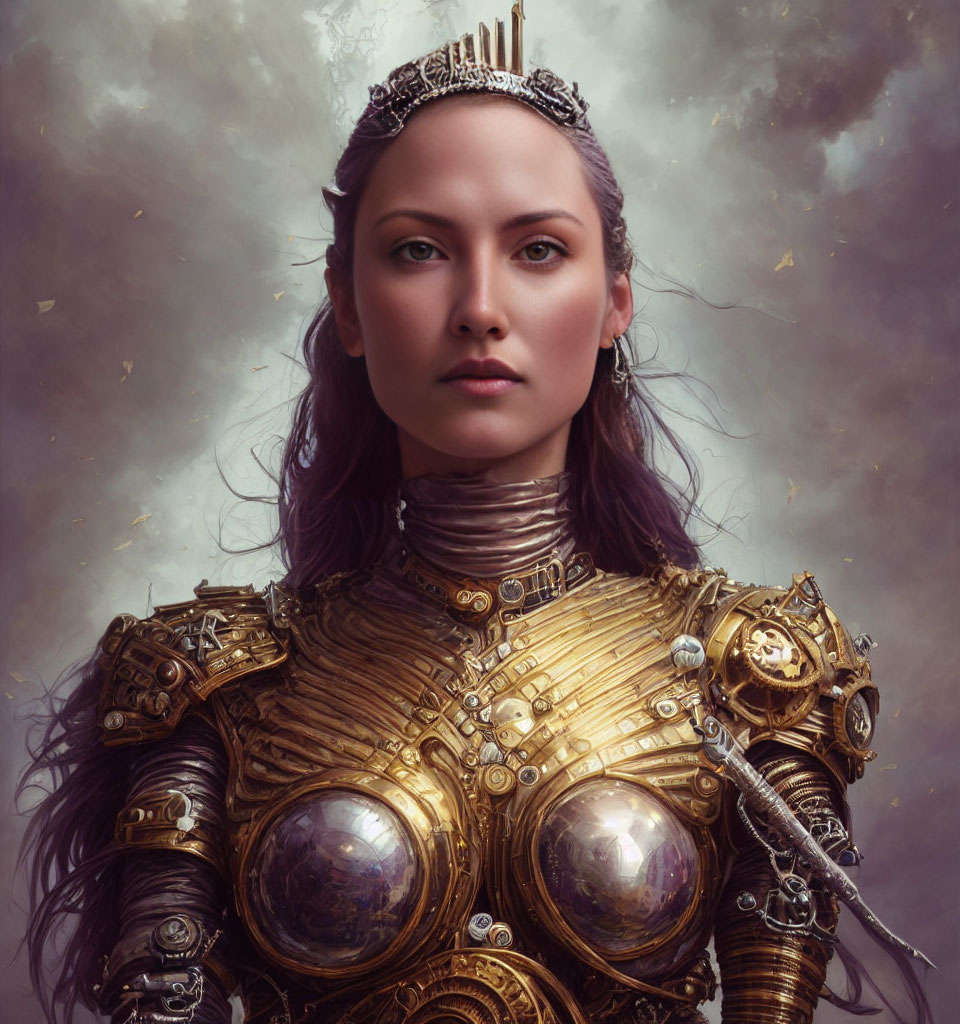 Regal figure in golden armor with crown on mystical backdrop