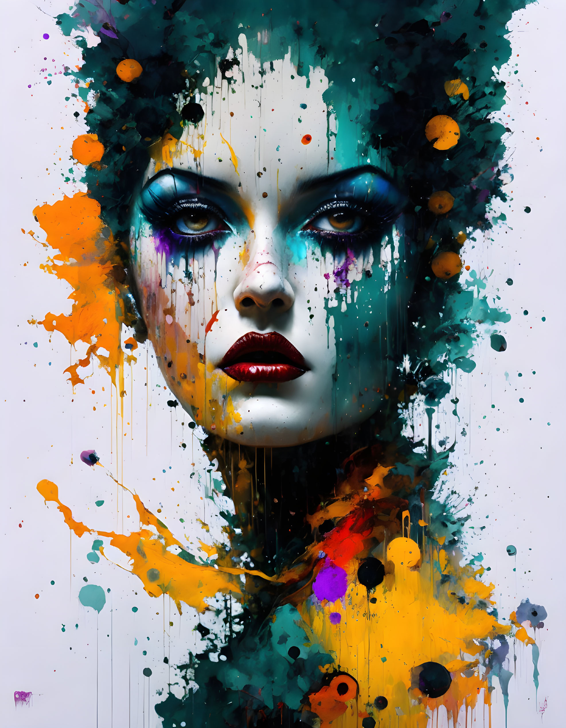 Colorful digital artwork of woman's face with dramatic makeup and paint splatters