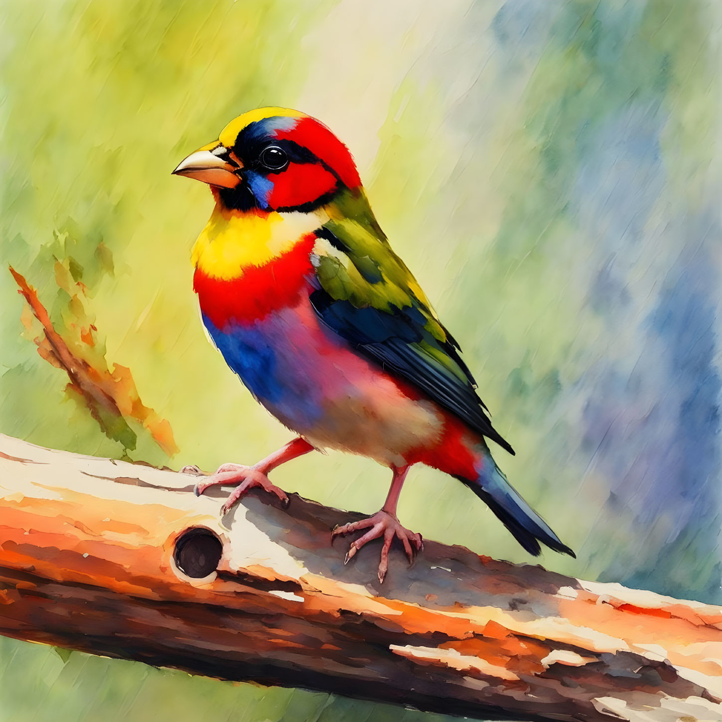 Vibrant bird painting on branch with blurred background