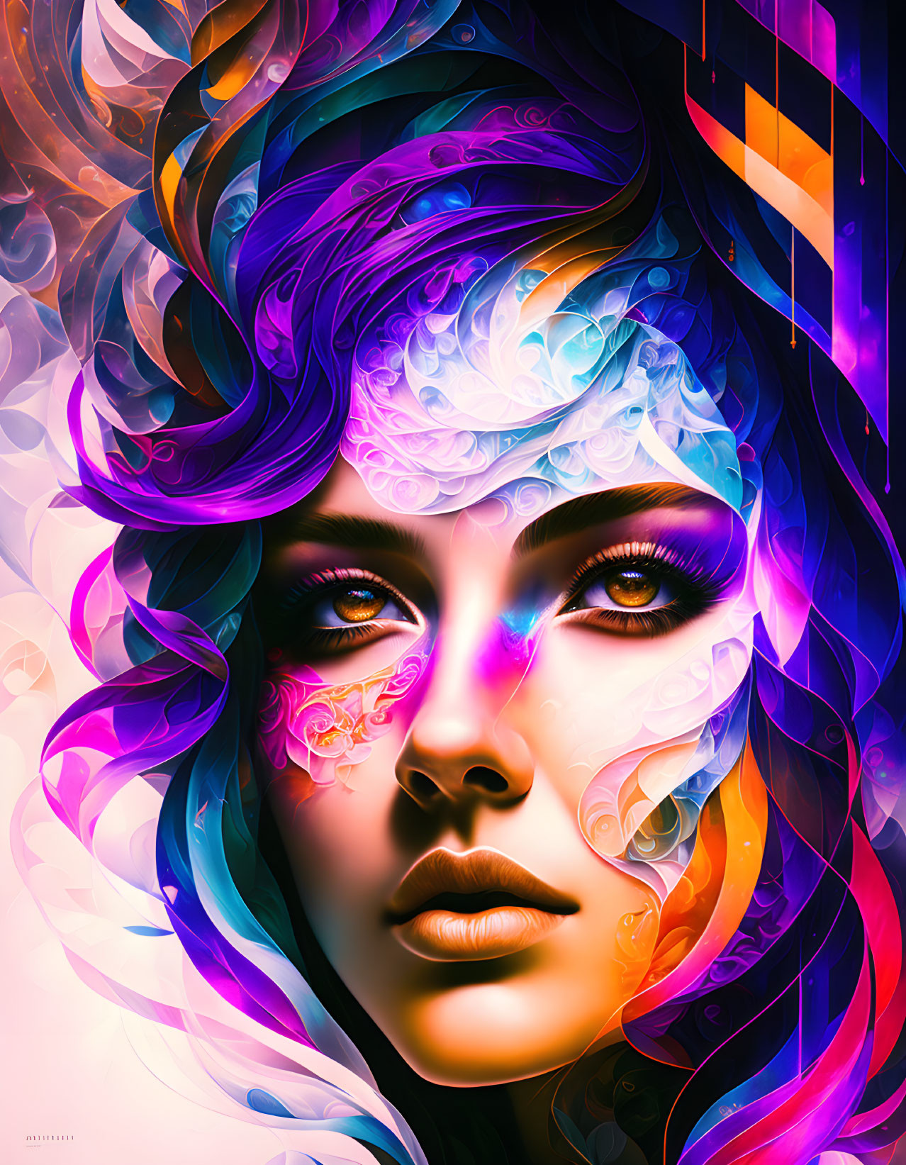 Colorful digital portrait of a woman with swirling patterns and vivid colors.