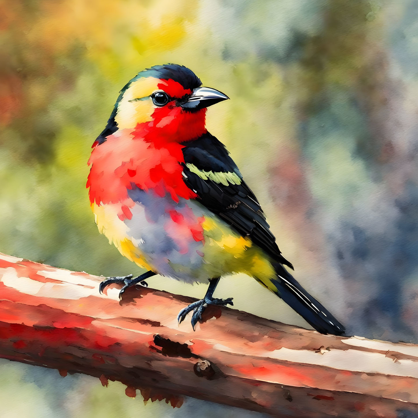 Colorful Bird Perched on Branch in Watercolor Style