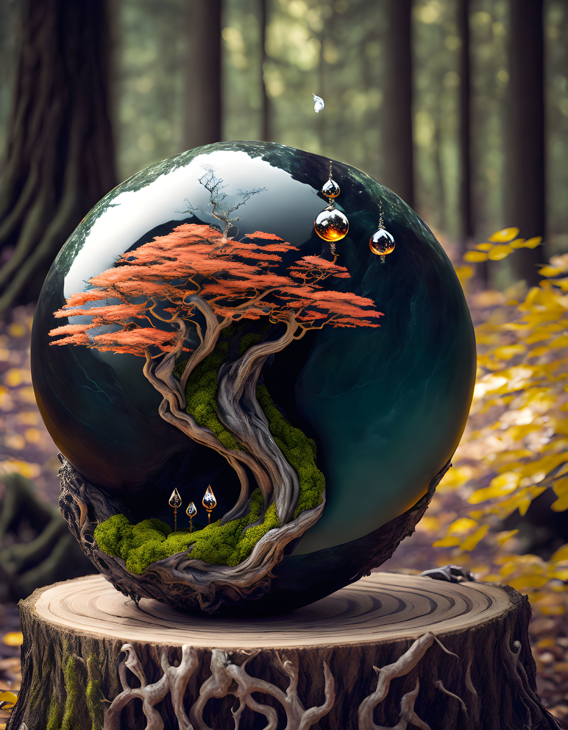 Spherical bonsai tree sculpture on tree stump in autumn forest