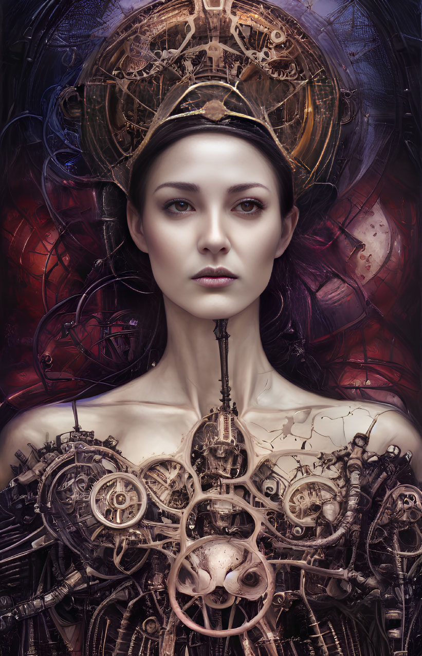 Surreal portrait of woman merging with clockwork gears and halo.