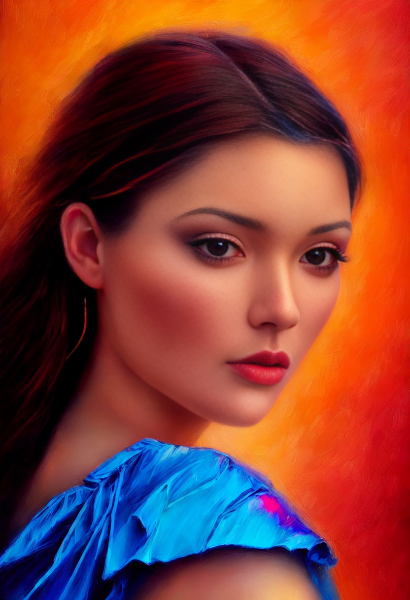 Woman with Striking Makeup in Blue Top on Orange Background