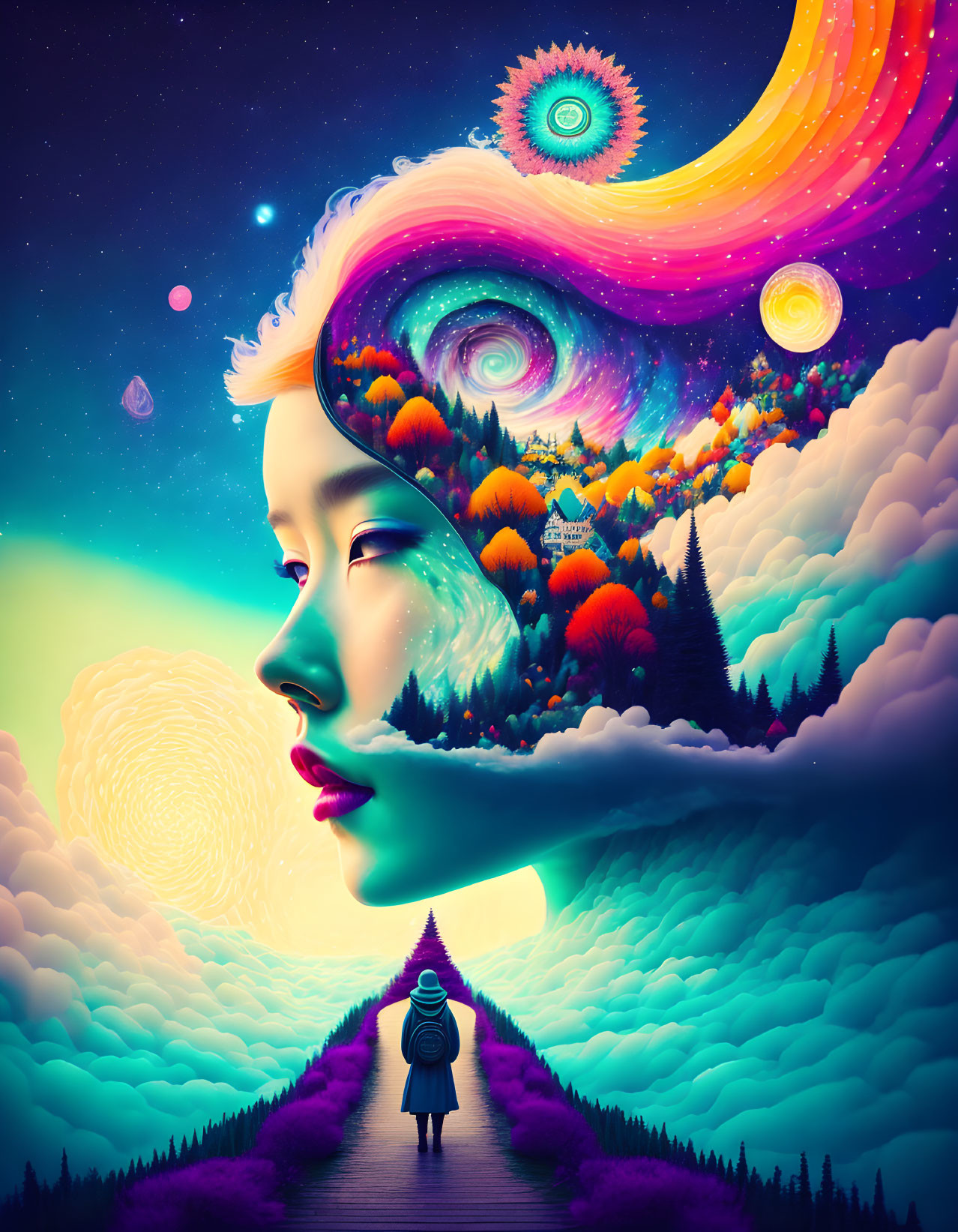 Surreal image of woman's profile with colorful landscape flowing from her hair