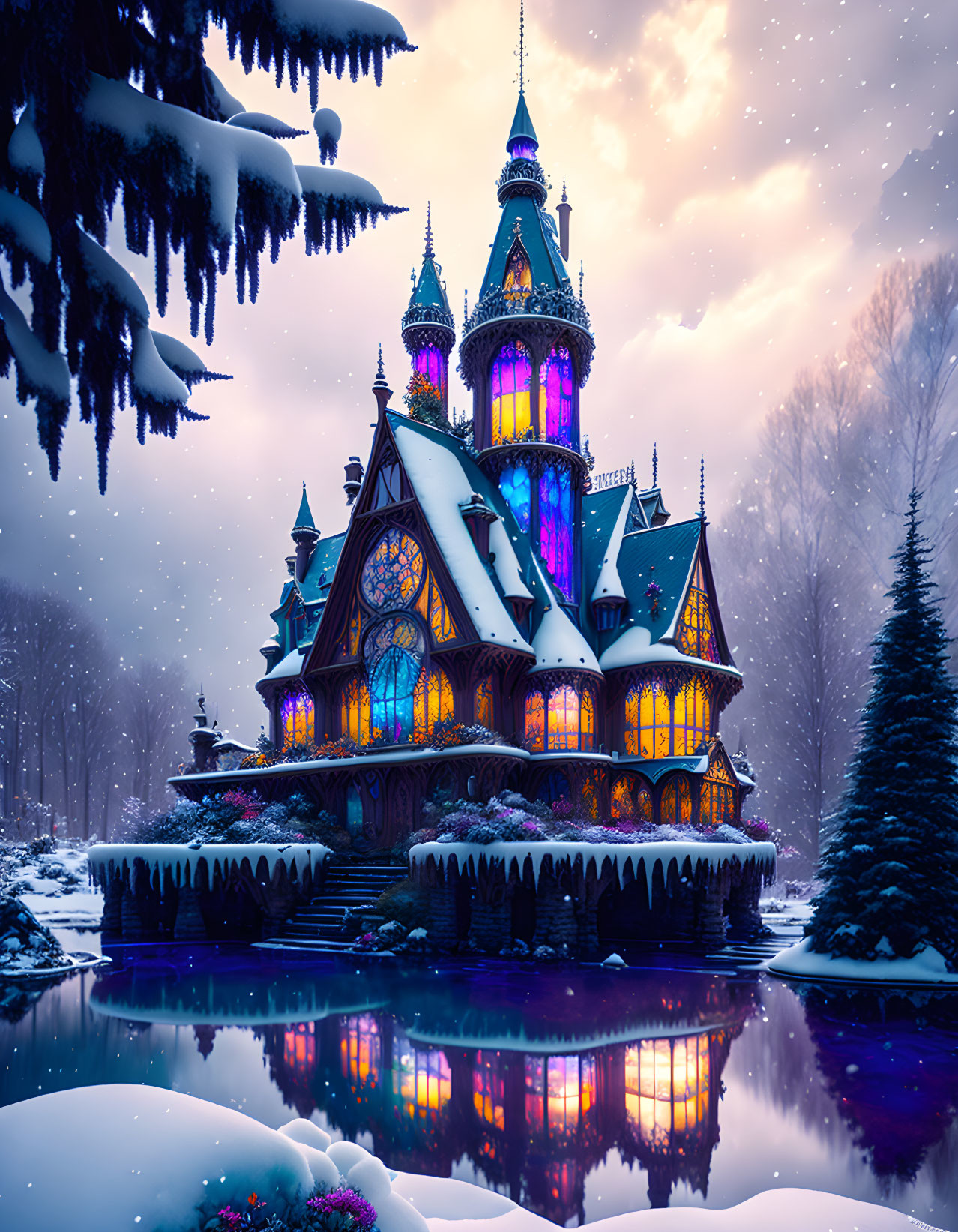 Colorful Fairy Tale Castle in Snowy Twilight Landscape