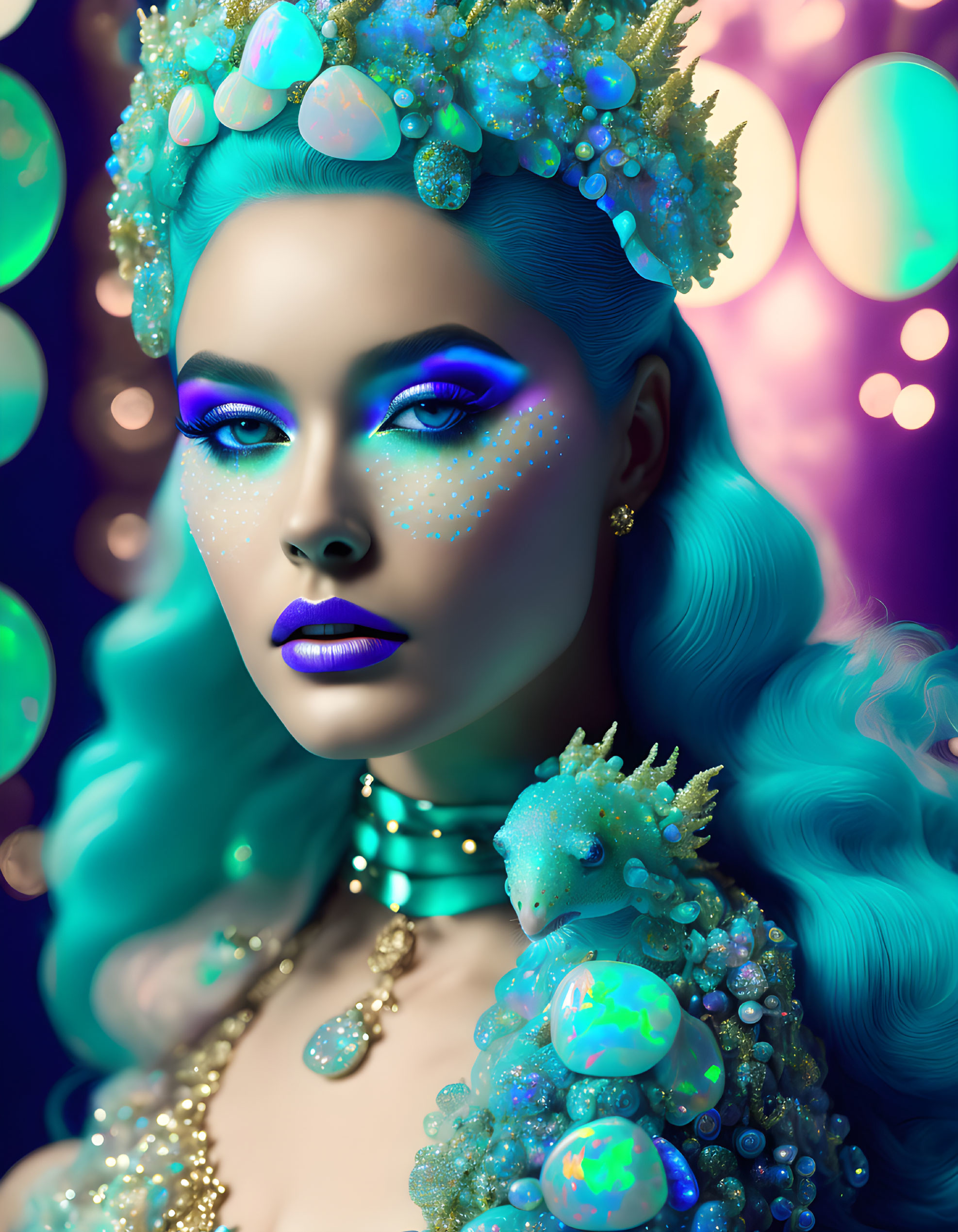 Vibrant blue skin woman with sea-themed embellishments in digital artwork