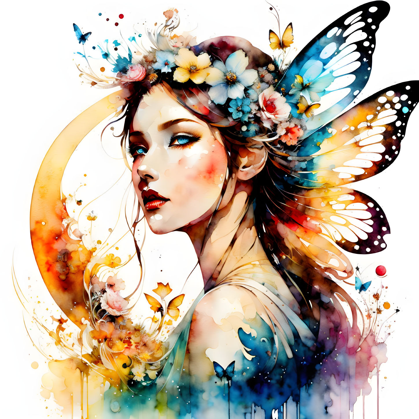 Woman with Butterfly Wings and Floral Hair in Watercolor Style