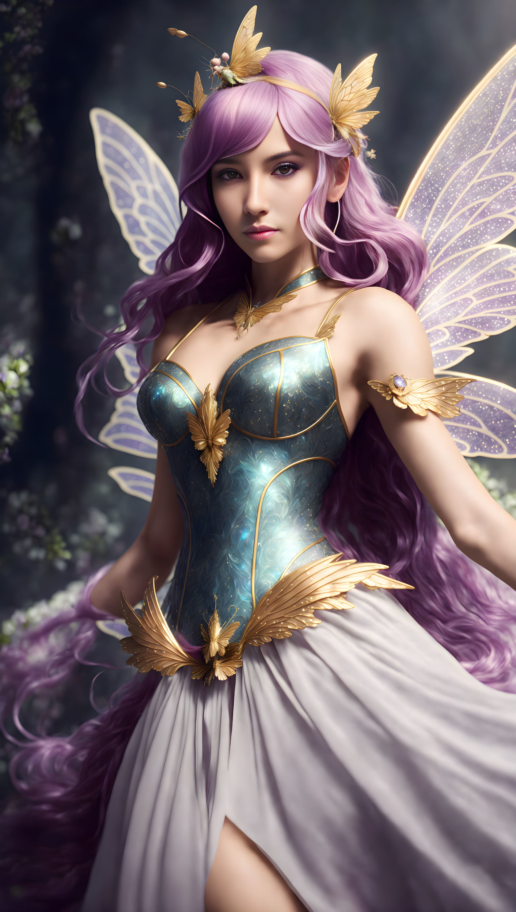 Fantasy portrait of a female fairy with purple hair and translucent wings in a mystical forest