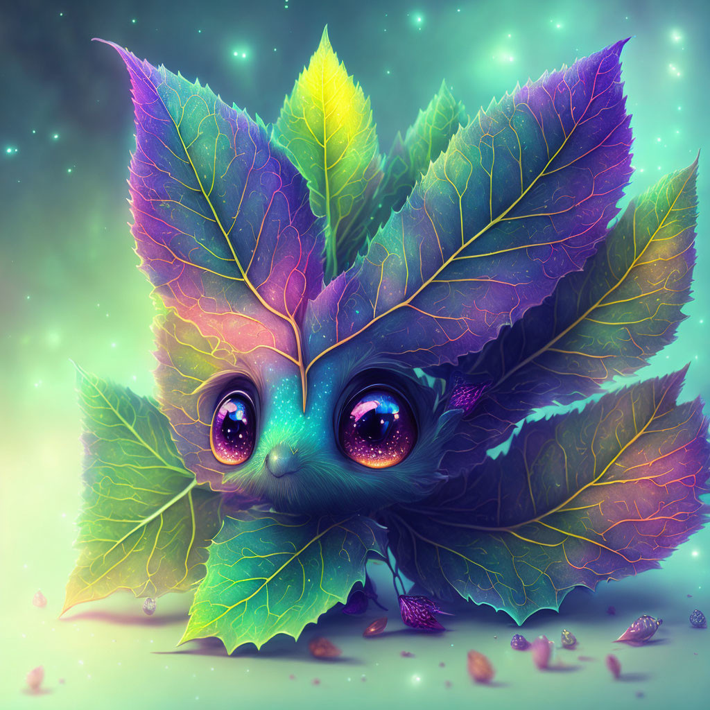 Whimsical creature with sparkling eyes in purple and green leaves