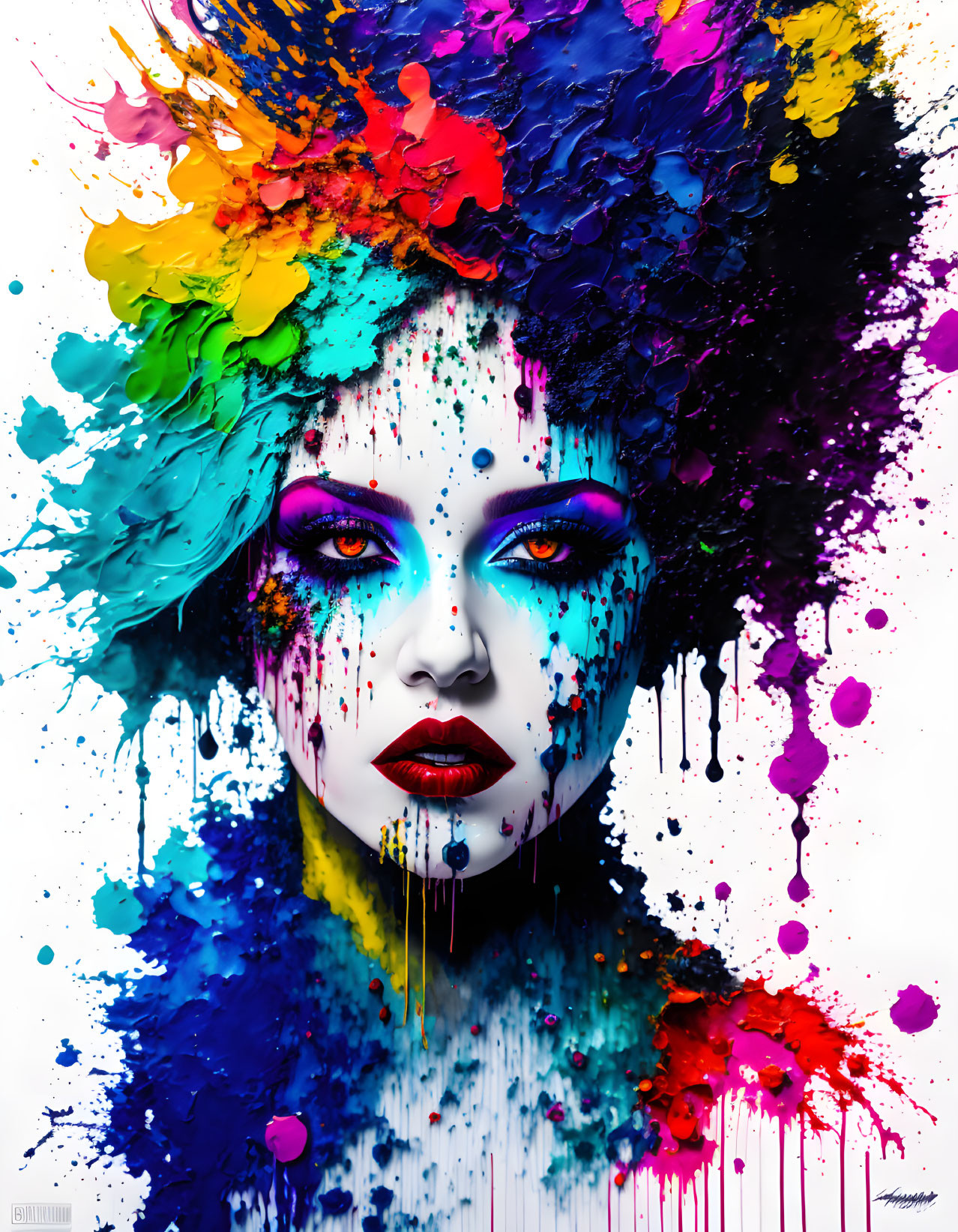 Colorful digital artwork: Woman with paint splashes on hair and face