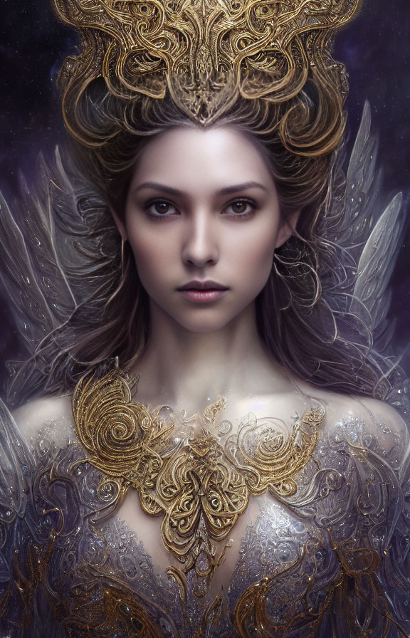 Intricate gold headpiece on woman with ethereal wings against purple starry backdrop