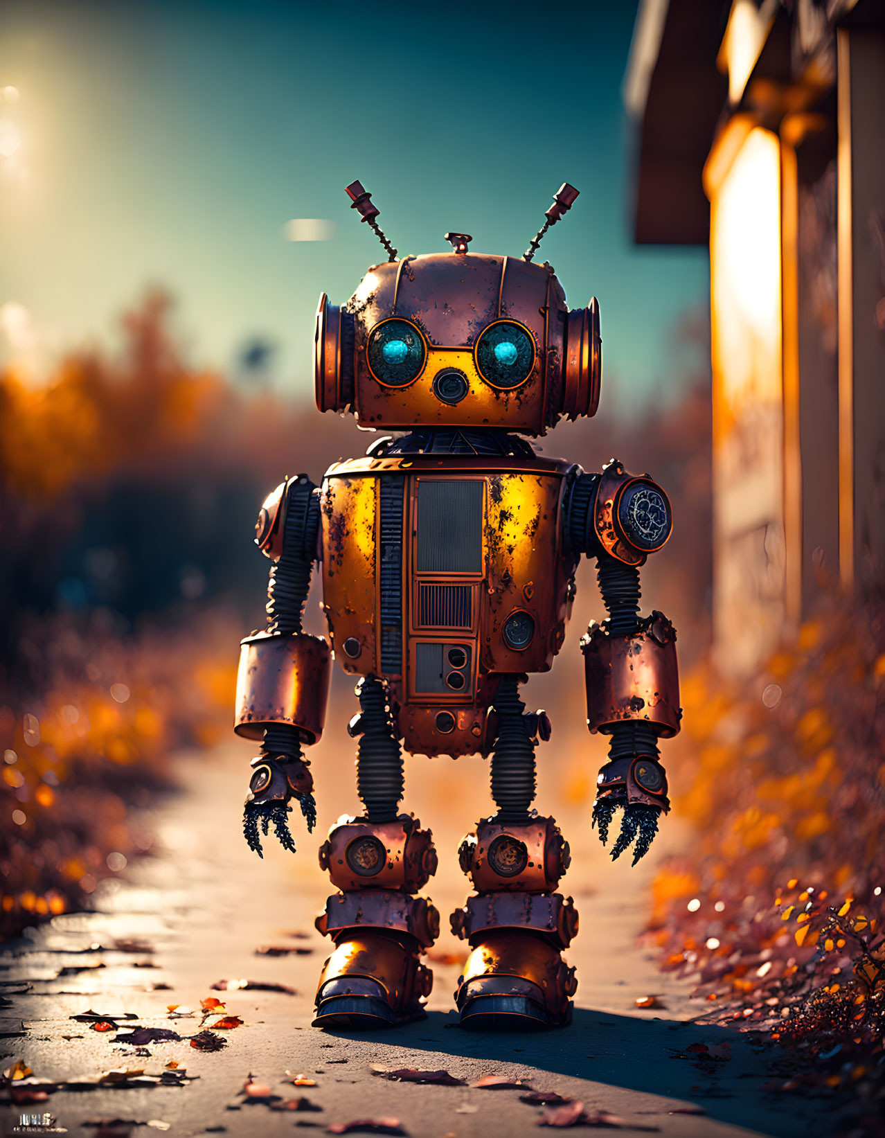 Vintage Robot with Round Head and Glowing Eyes on Leaf-Strewn Path