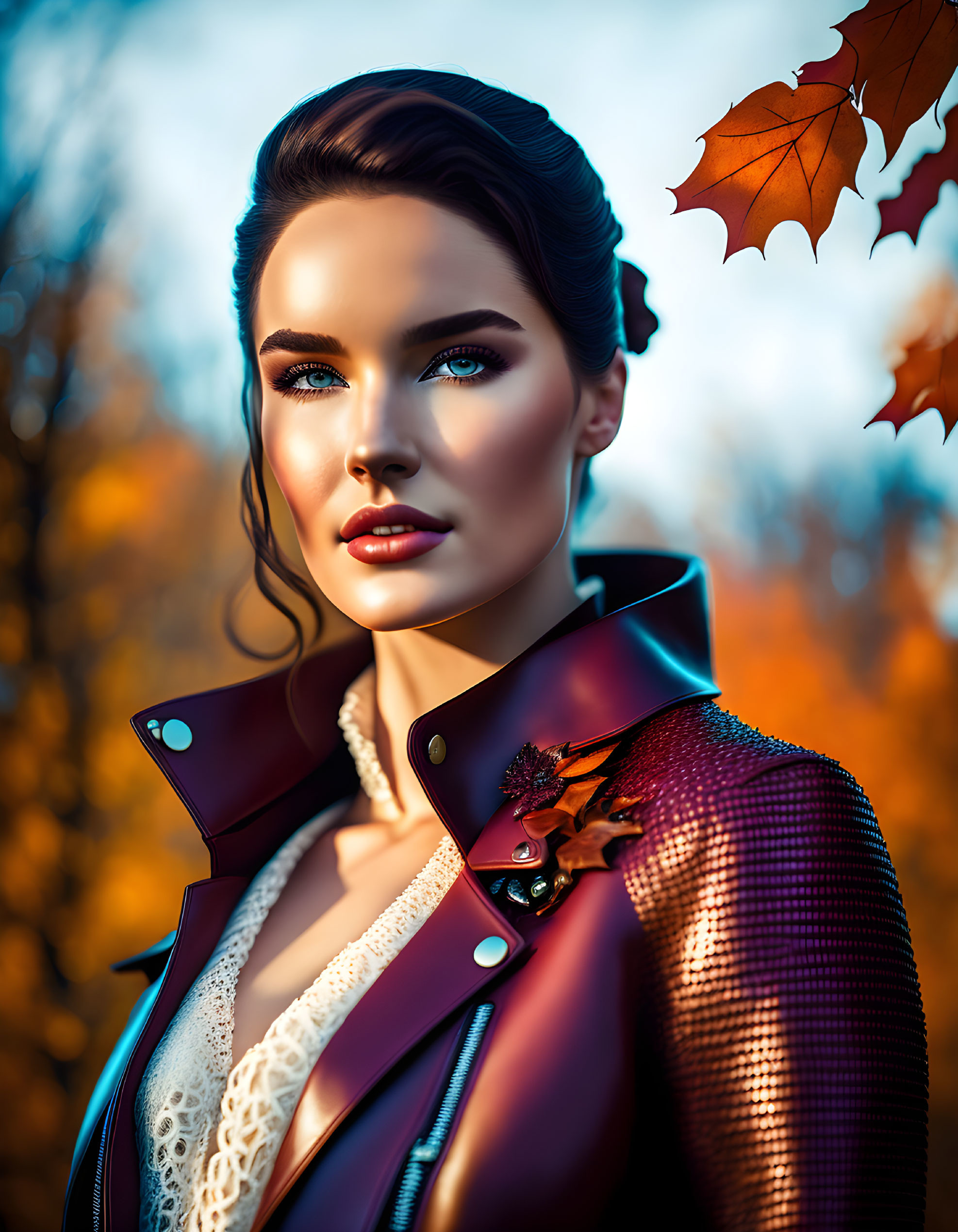 Woman with Blue Eyes in Burgundy Jacket Surrounded by Fall Foliage