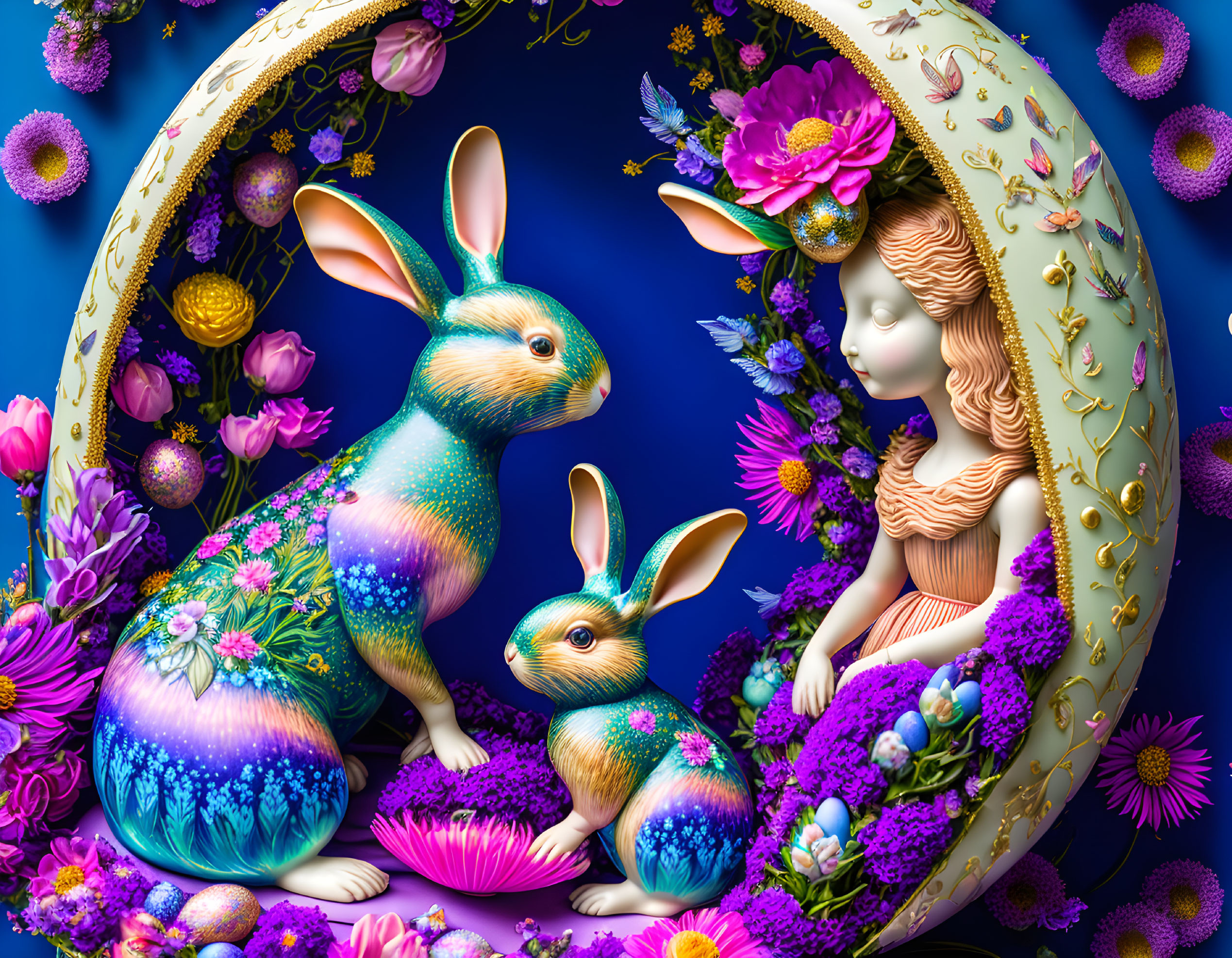 Vibrant Easter scene with girl, rabbits, flowers, and eggs