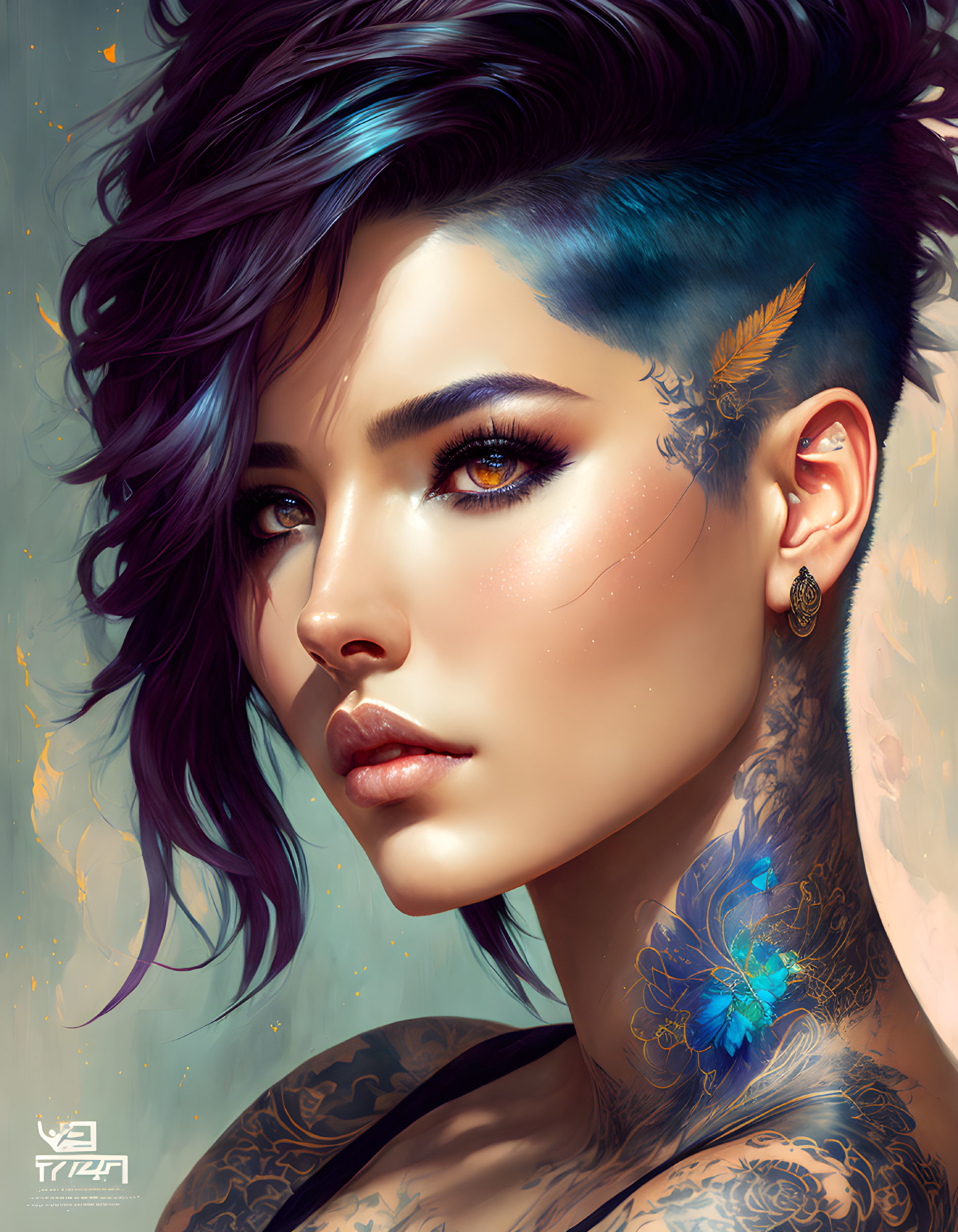 Portrait of Person with Blue Undercut, Gold Eyes, and Feather Tattoos