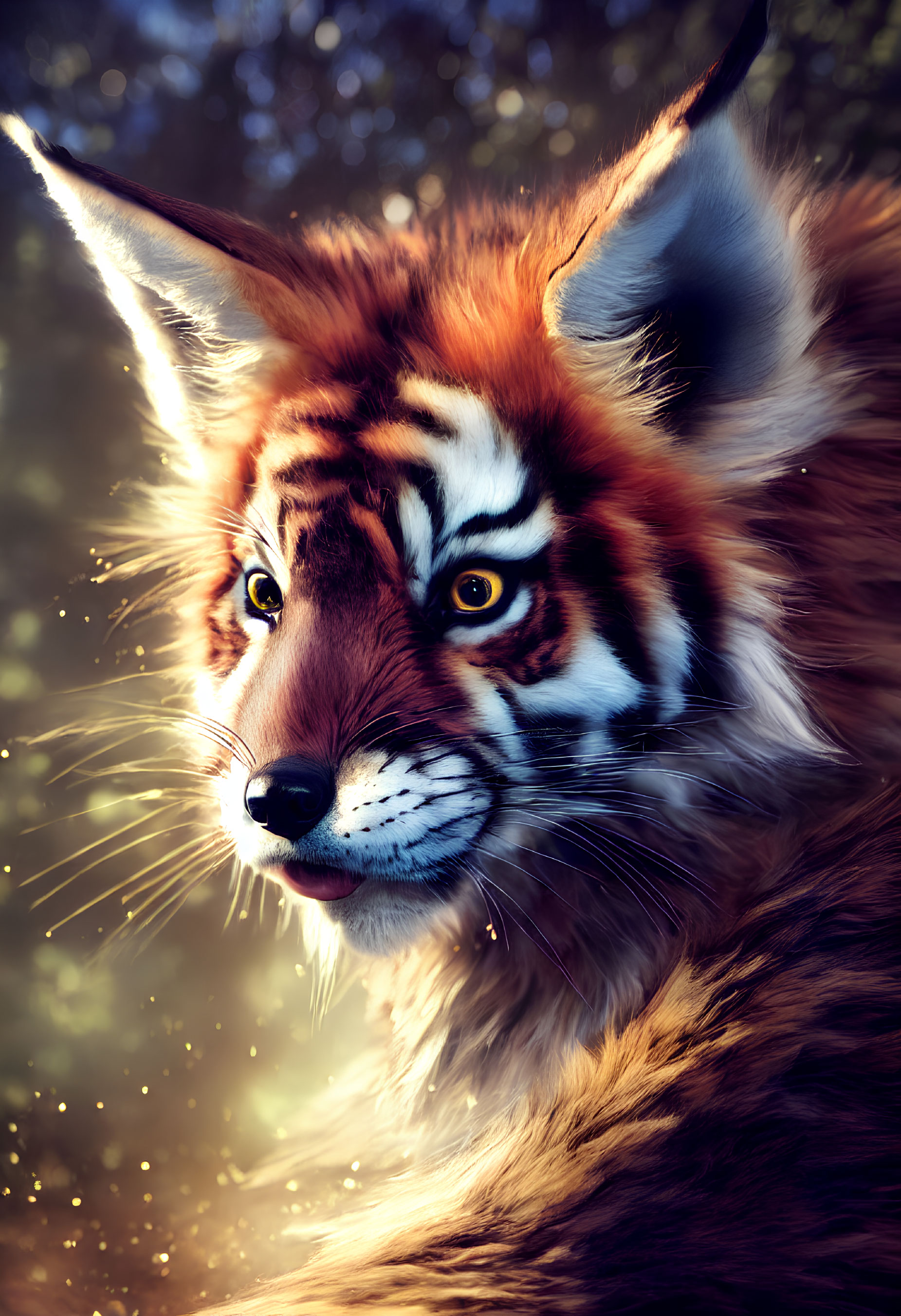 Vibrant Fox-Tiger Hybrid Creature with Glittering Background