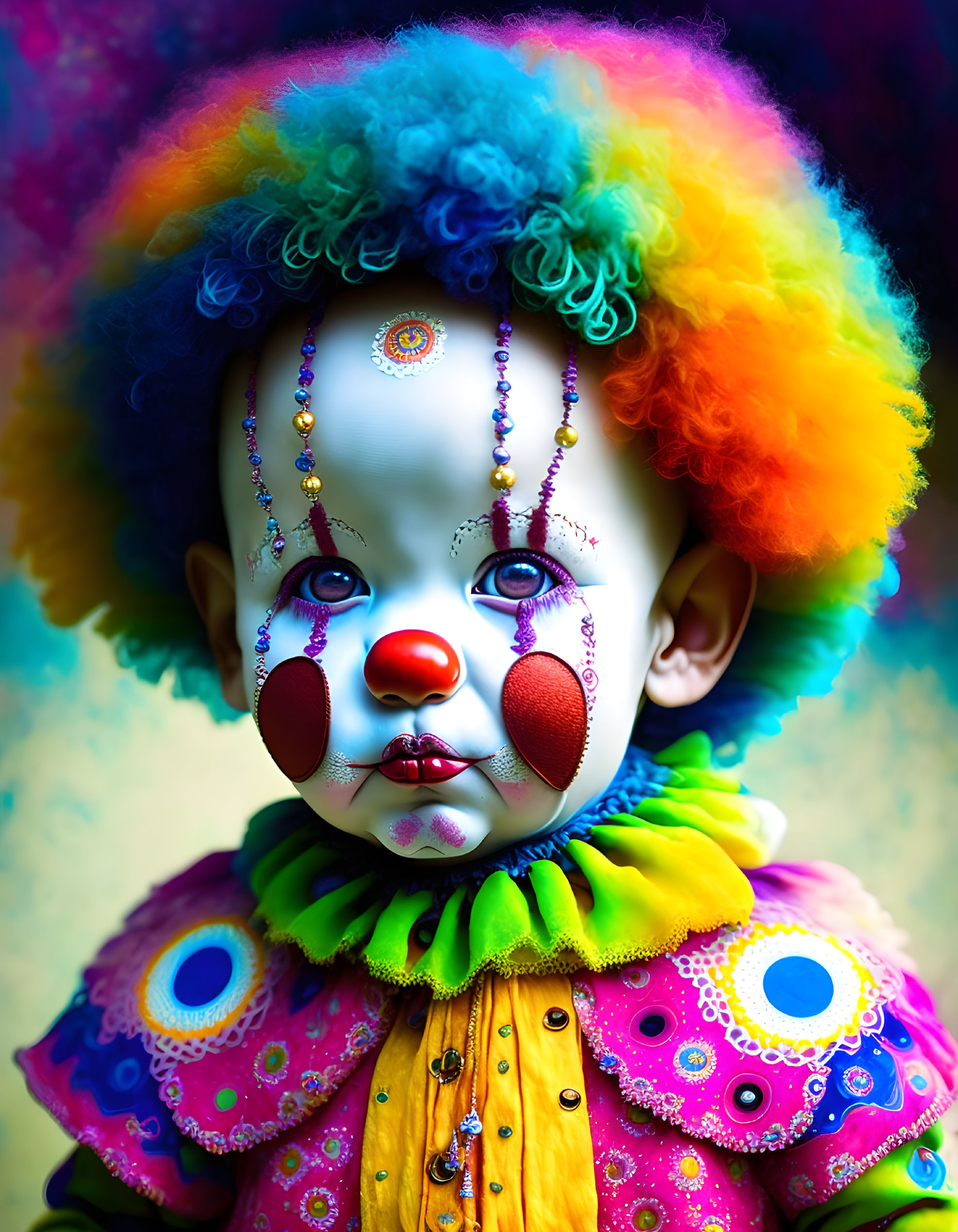 Vibrant Clown with Rainbow Wig and Painted Face