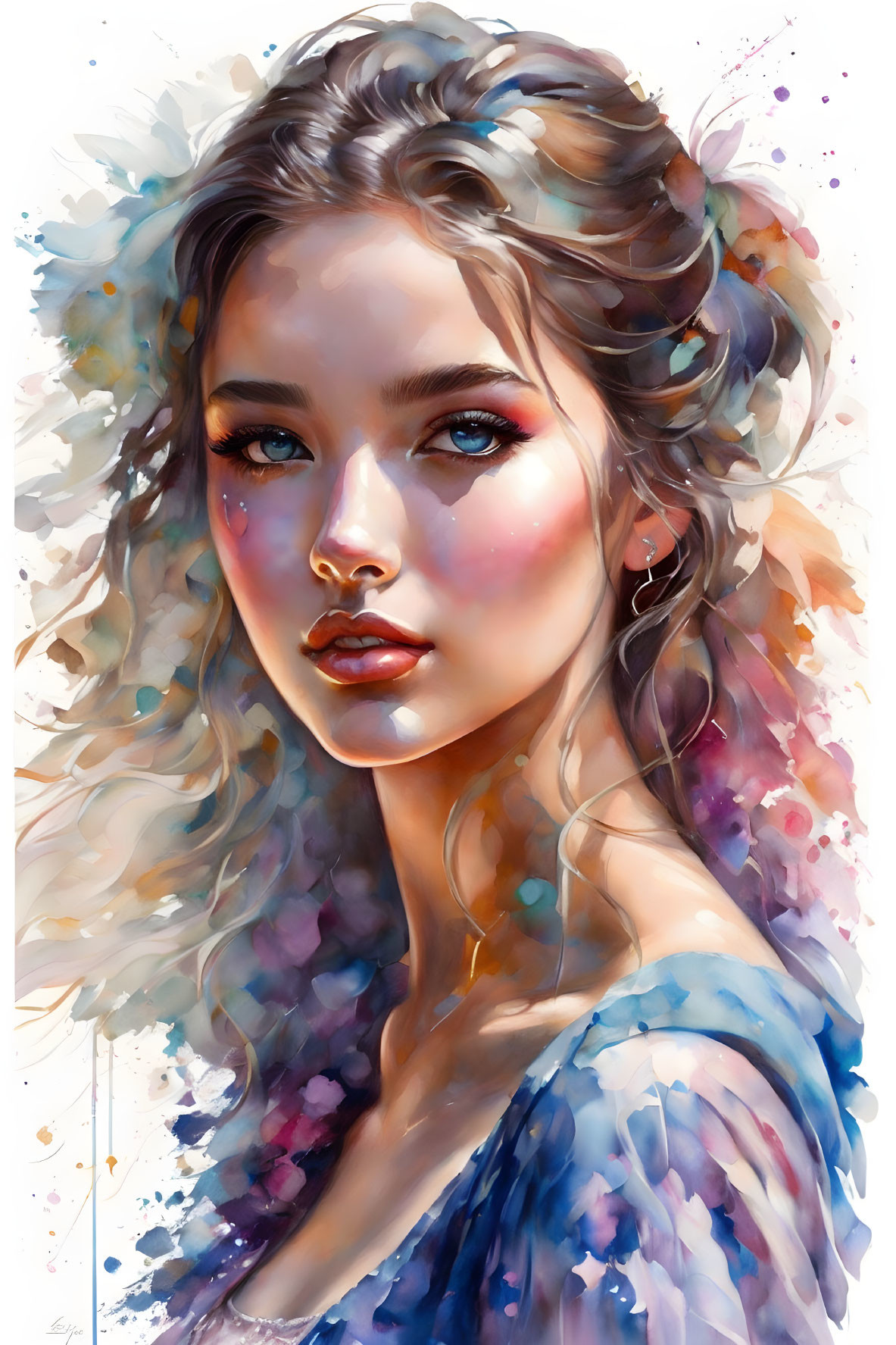 Vibrant digital painting of young woman in blue garment with wavy hair.