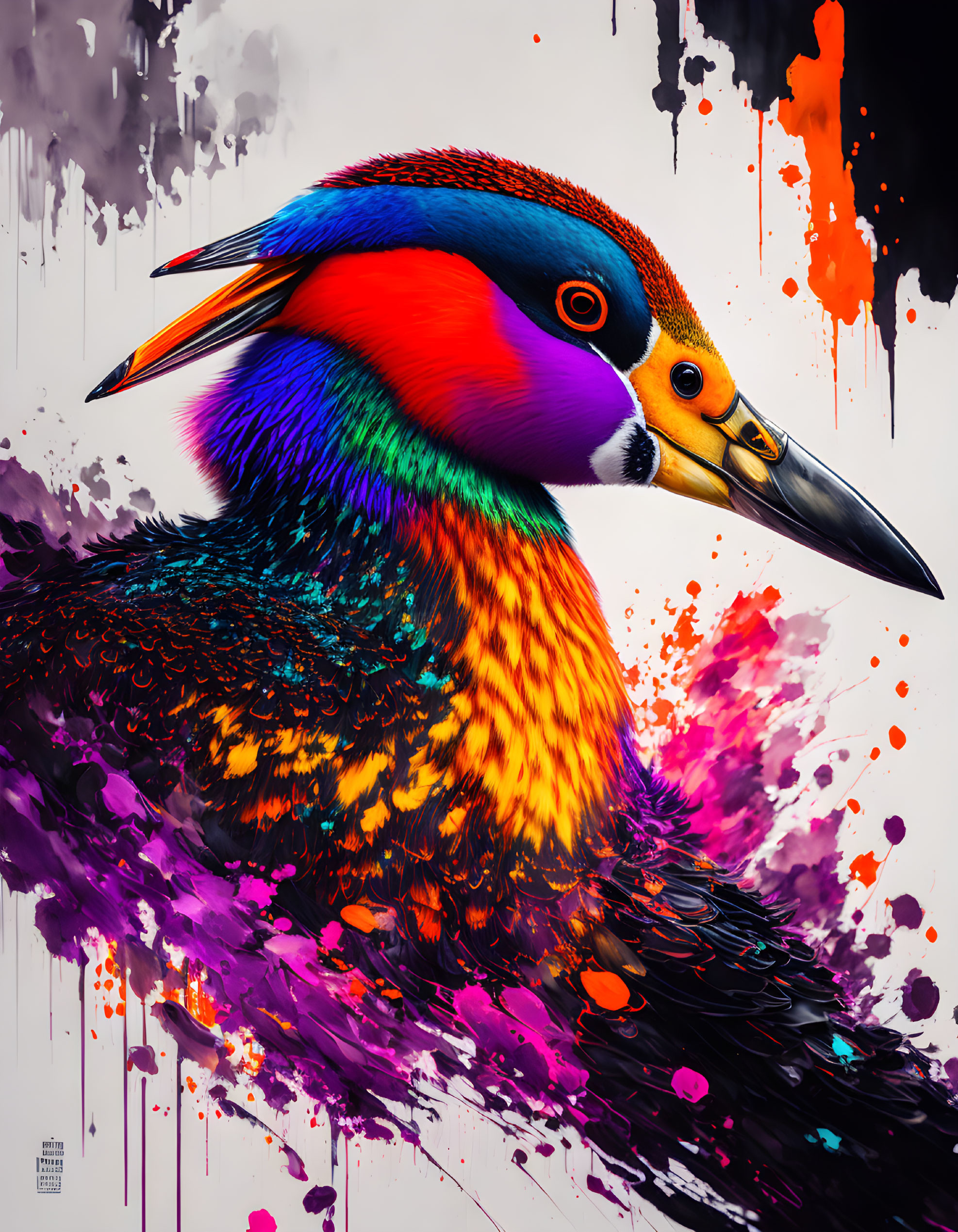 Colorful bird digital art with dynamic ink splatters in vibrant rainbow hues