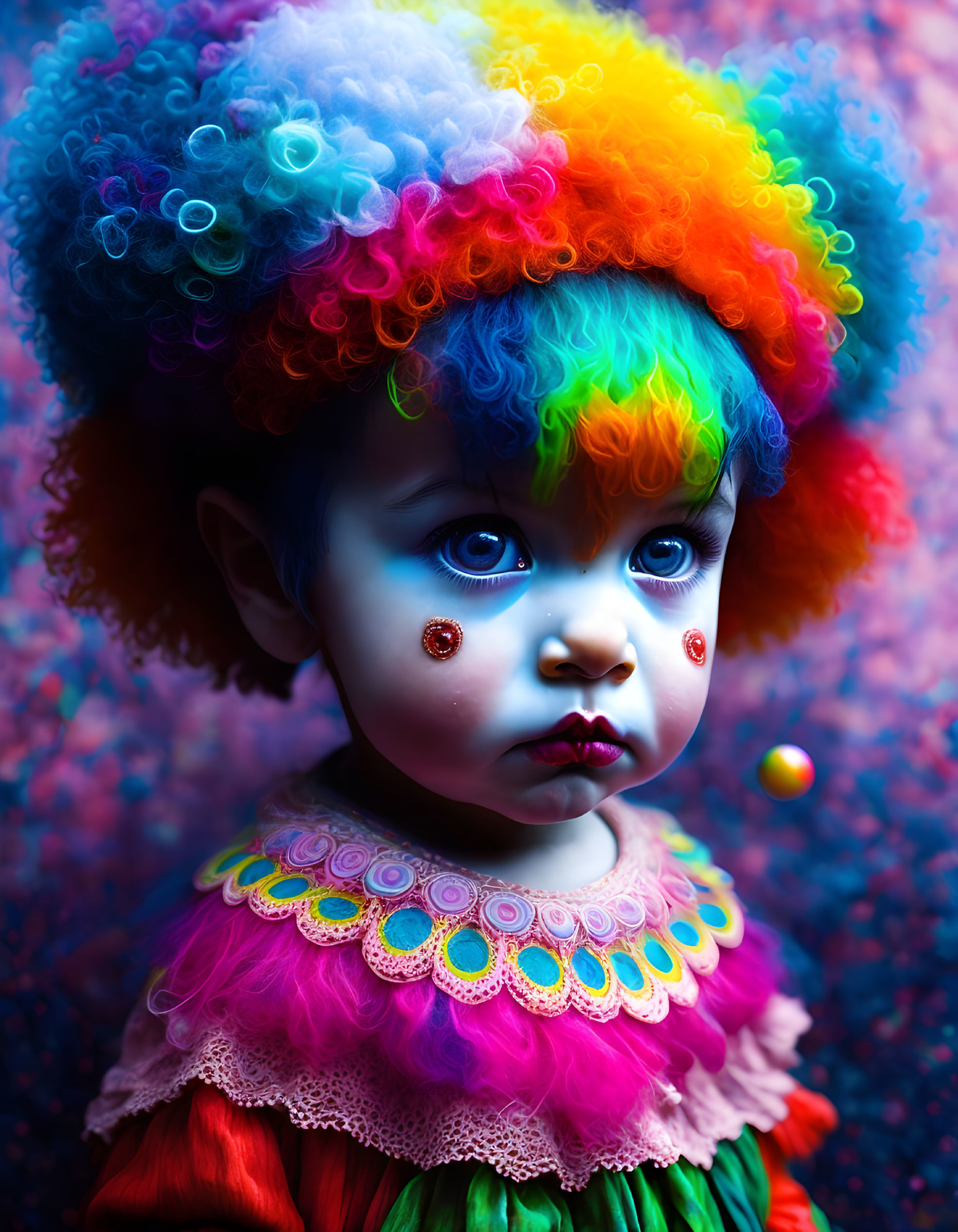 Colorful Child in Rainbow Wig and Clown Makeup on Speckled Background