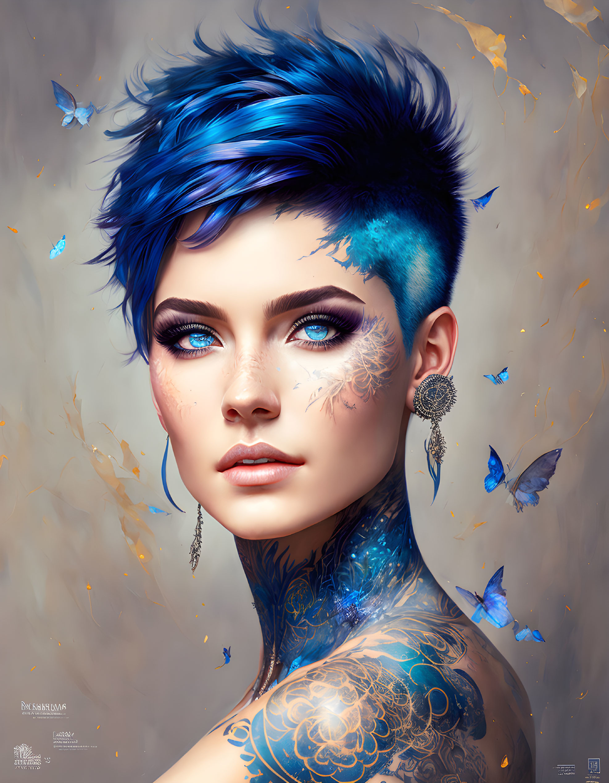 Vibrant blue hair and tattoos with blue butterflies in digital art