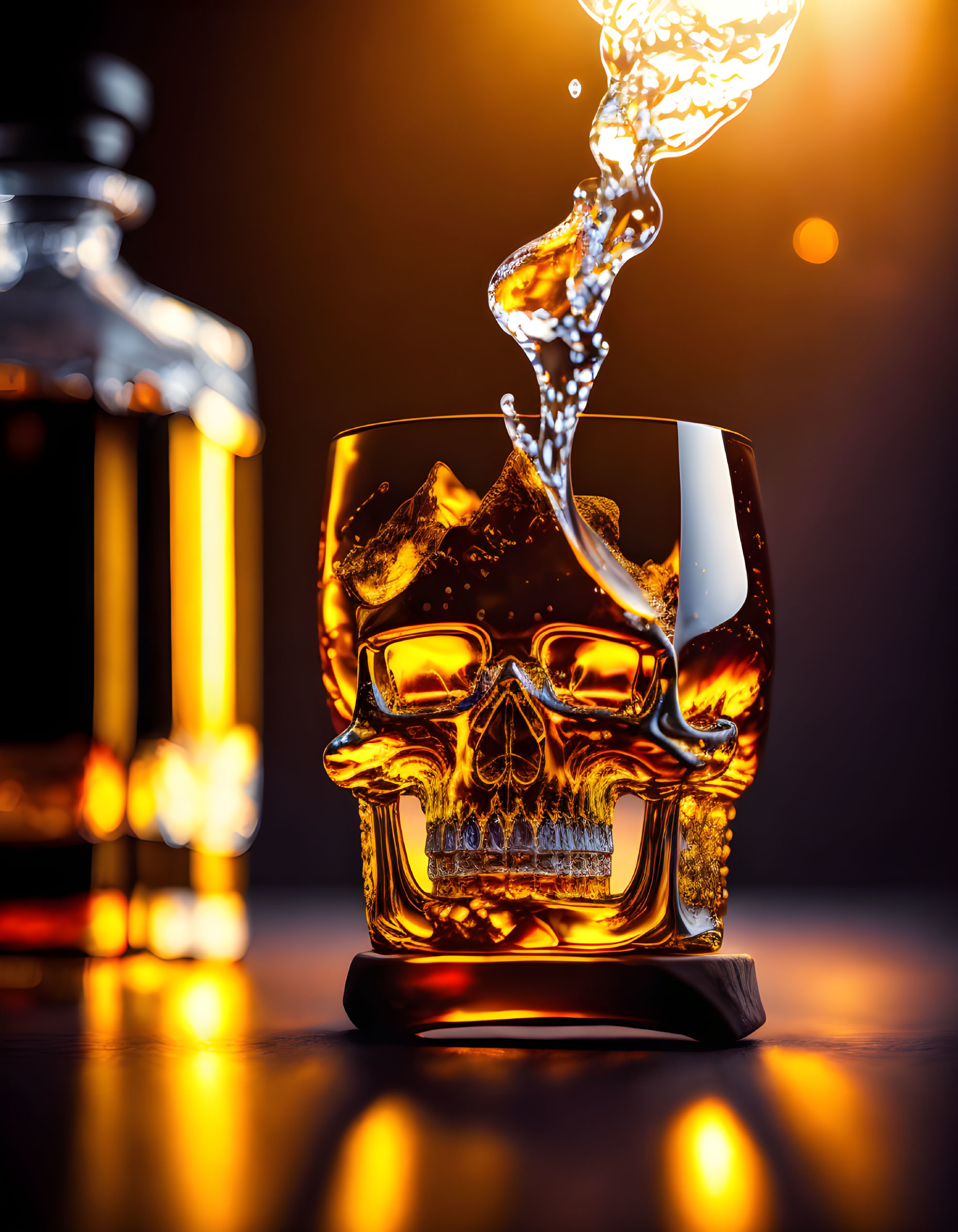 Skull-shaped glass with amber liquid on dark background