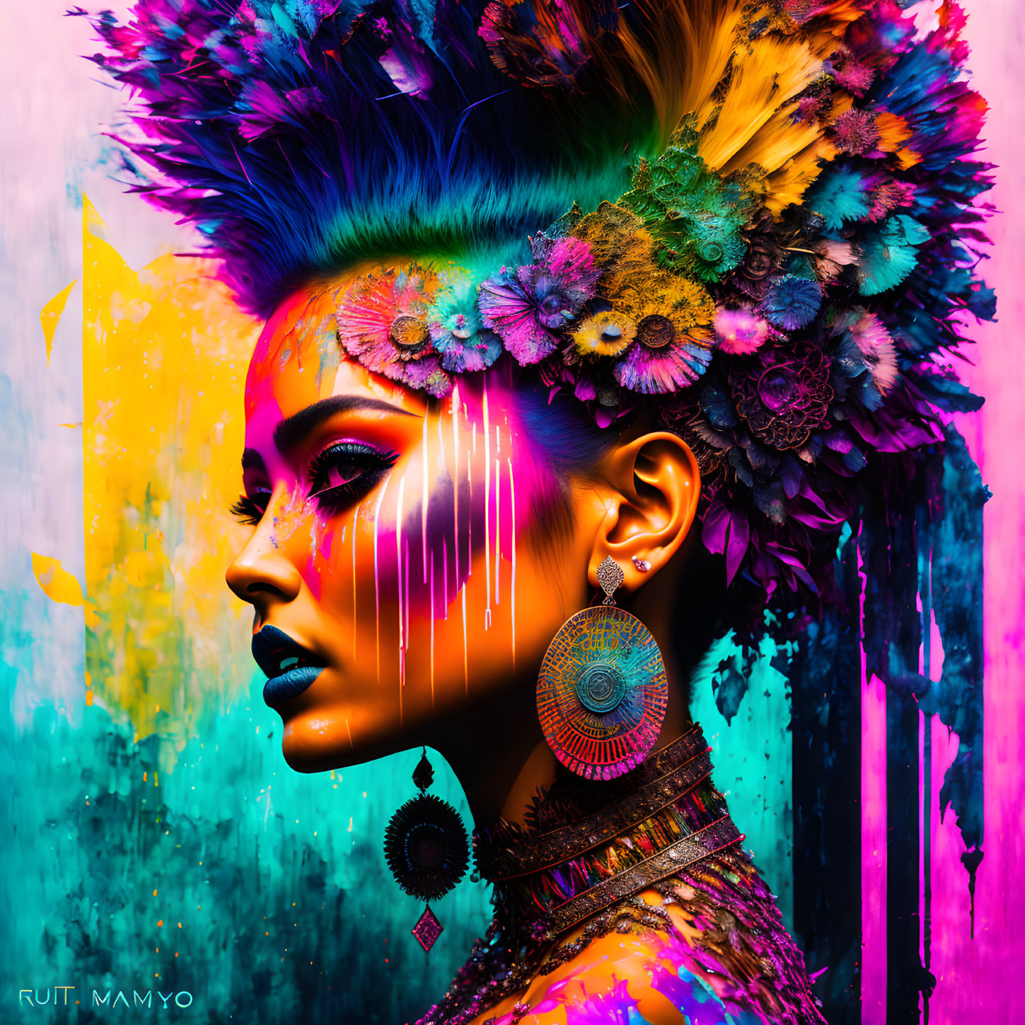 Colorful feathered woman in striking makeup on vibrant digital artwork