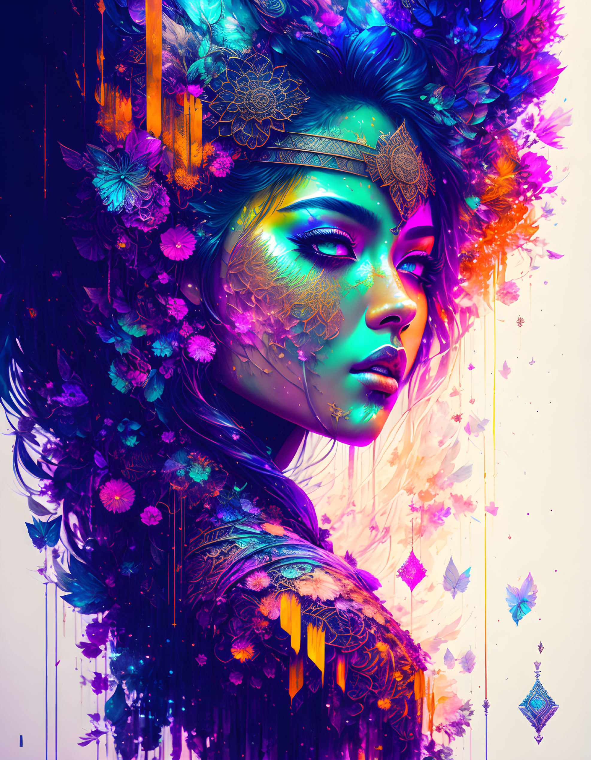 Colorful digital artwork: Woman with floral face patterns among flowers & headpiece