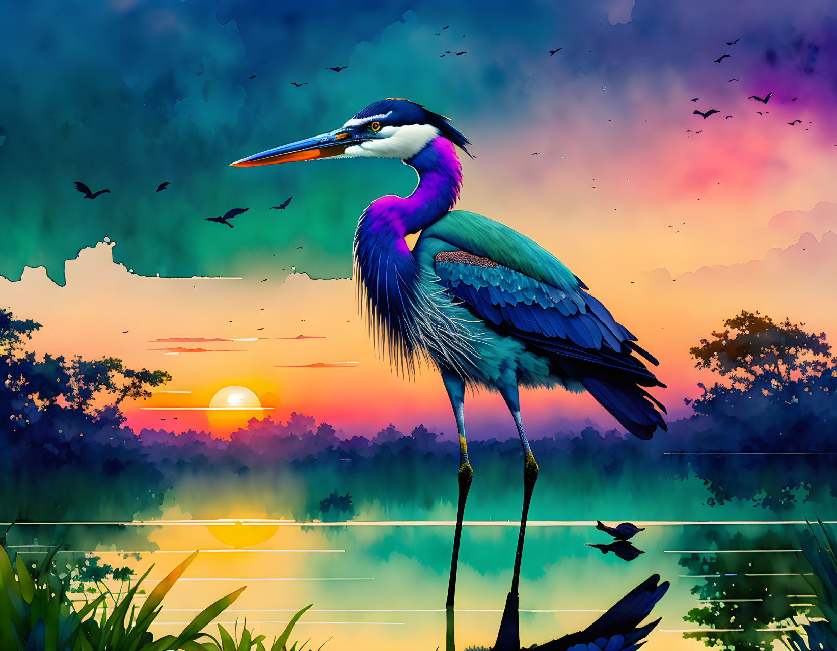 Colorful Blue Heron by Lake at Sunset with Flying Birds & Water Reflections