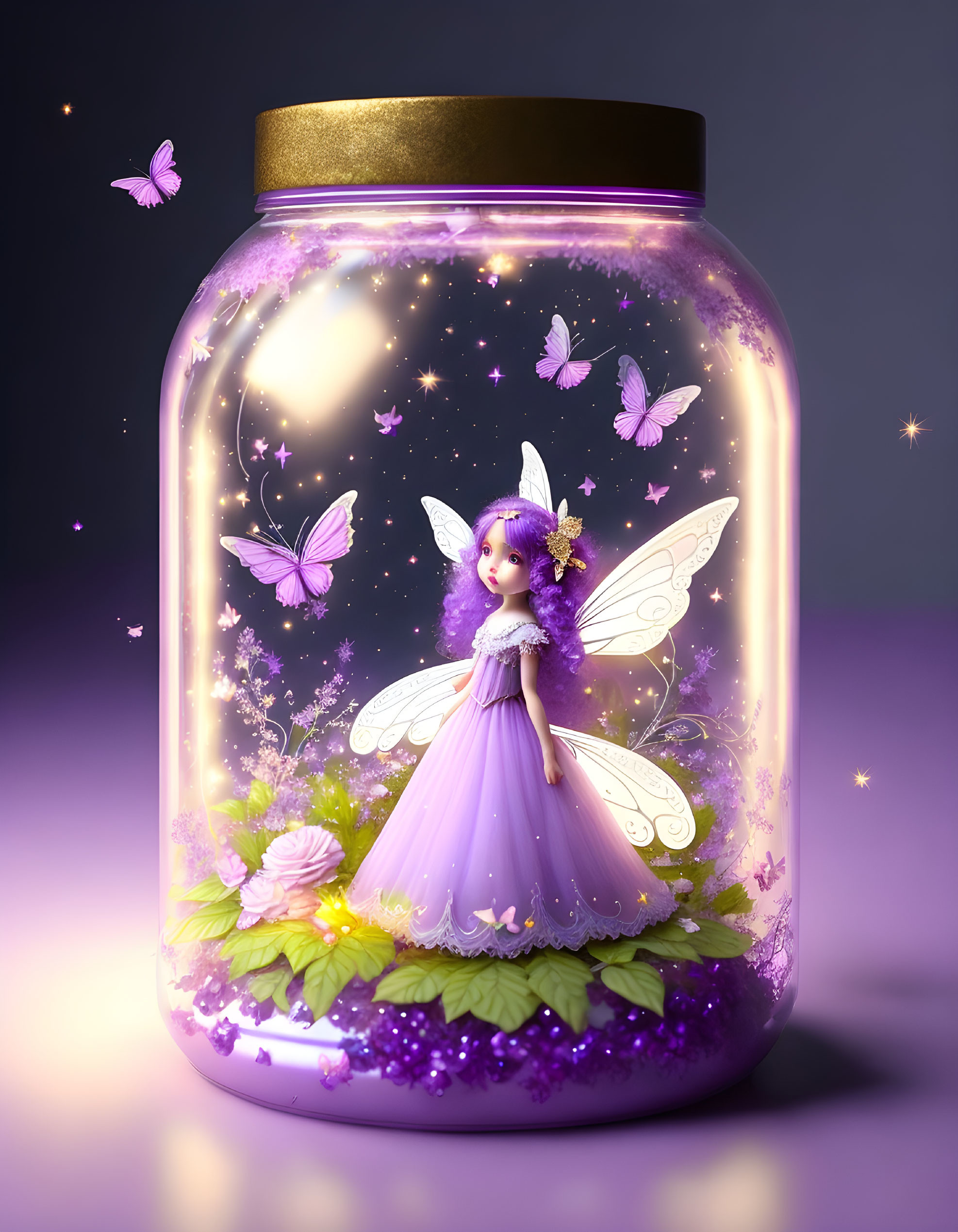 Whimsical fairy in jar surrounded by sparkles, butterflies, and flowers